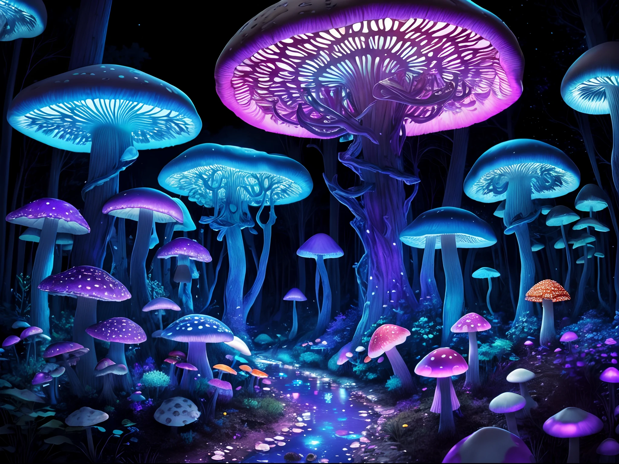 Blue-purple mushrooms,cogumelo trippy,Mushrooms grow in forests,There is a stream leading to them,Dark forest,mystical ambiance,dreamland,starrysky,themoon,Local glare,Mushroom forest, Natural graphics,Mushroom Life Tree, magic mushrooms, mushrooms milky way, forest made of mushrooms, cyber mushroom city, Mushrooms are everywhere, Cogumelos, psychedelic mushrooms dream, underwater mushroom forest, mushroom trees, magic mushrooms, Mushrooms, glowing mushrooms, Mushroom Great Forest. Large mushrooms, 8K,High quality detailed art,tmasterpiece,illustration