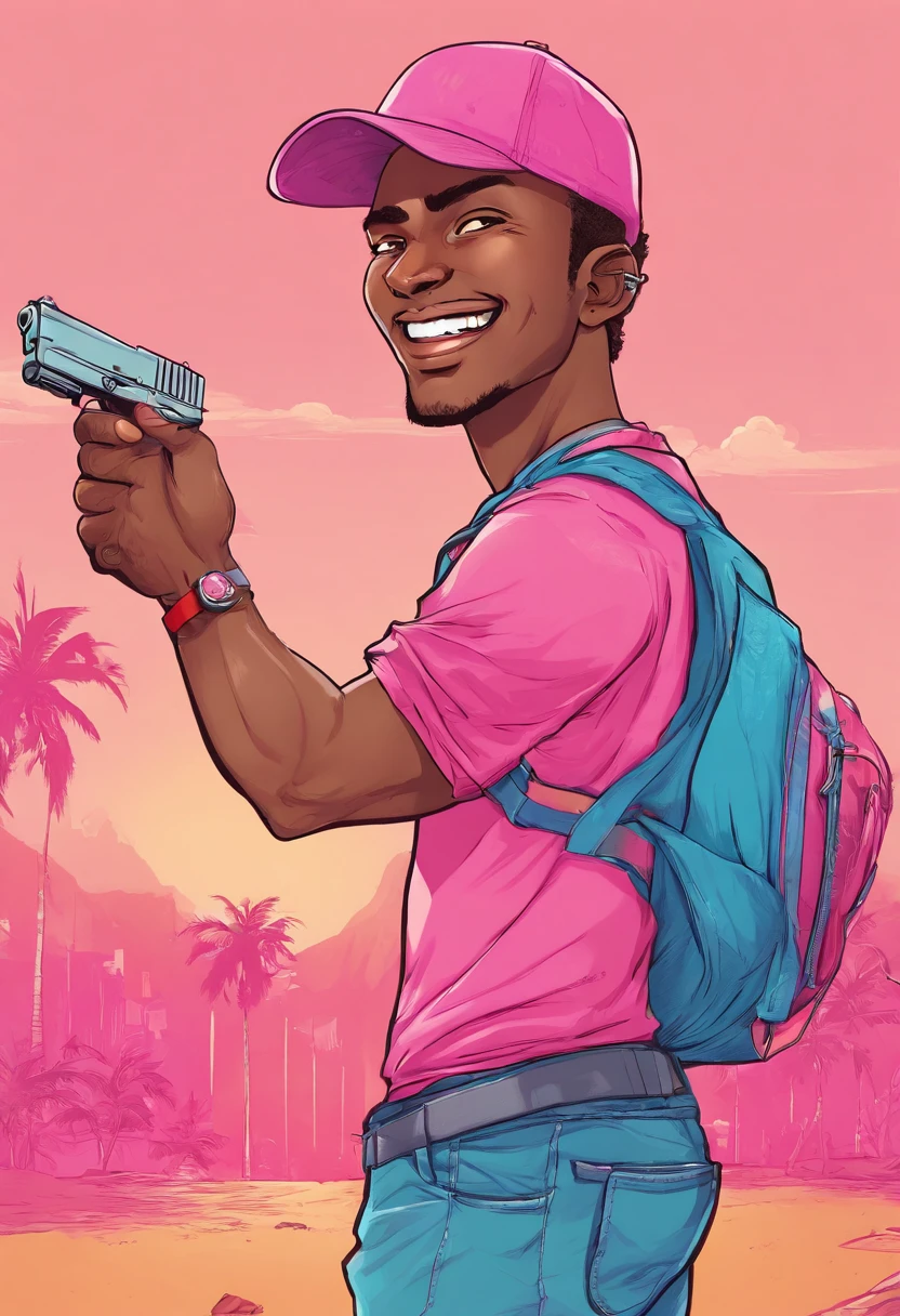 Por favor, crie uma imagem de um desenho de homem sozinho, com 18 anos "Homem" com pele morena. He is wearing a pink cap on his head and has a friendly smile on his face. Suas roupas podem ser casuais, como uma camiseta e jeans. The scene around him is cheerful and sunny, suggesting a pleasant climate. Por favor, Pay attention to facial details and expression to make the drawing as realistic and sympathetic as possible