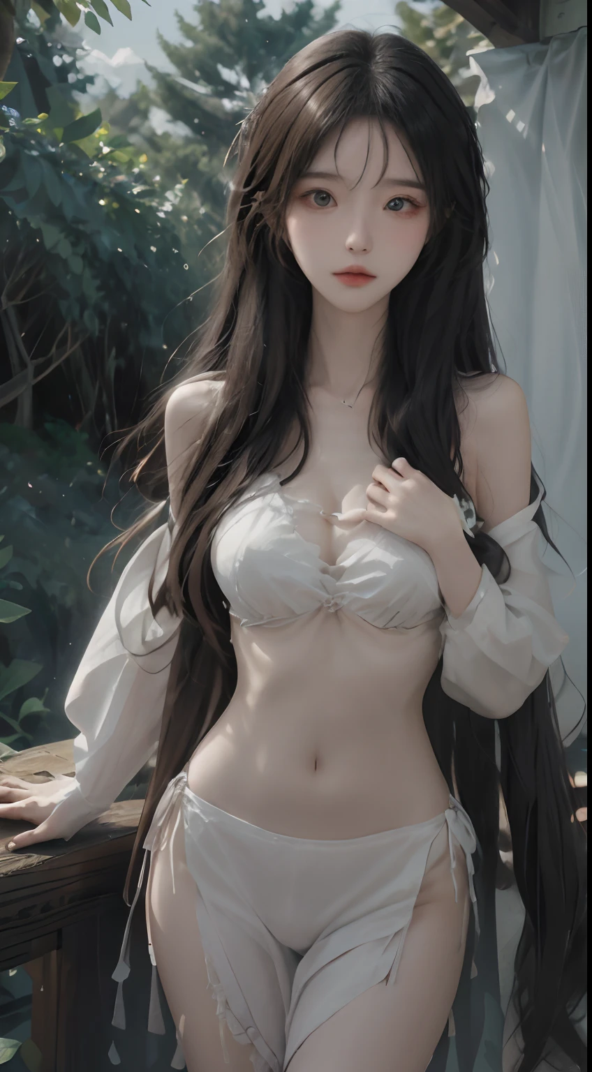 A beautiful girl，solo，realisticlying，With a petite figure，Smaller bust，meticuloso，big breasts beautiful， Very long hair, Elaborate Eyes，Walk aimlessly on the streets of the night，in a panoramic view, Close-up Shot Shot,In the dim lights of the distant part of the city，With an expression of loss, teardrop， Worried，35mm，[ 4 K photorealism ]!!,