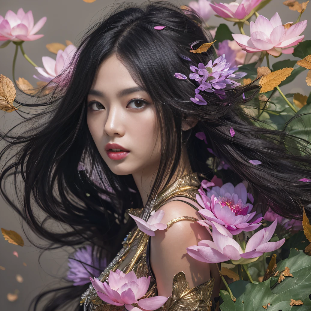 Gold tailgate 32K(tmasterpiece,k hd,hyper HD,32K)Long flowing black hair,ponds,zydink, a color, Tailfire (Concubine girl), (Purple silk scarf), Combat posture, looking at the ground, long whitr hair, Floating hair, Carp pattern headdress, Chinese long-sleeved clothing, (Abstract gouache splash:1.2), Pink petal background,Pink and white lotus flowers fly(realisticlying:1.4),Black color hair,Fallen leaves flutter,The background is pure, A high resolution, the detail, RAW photogr, Sharp Re, Nikon D850 Film Stock Photo by Jefferies Lee 4 Kodak Portra 400 Camera F1.6 shots, Rich colors, ultra-realistic vivid textures, Dramatic lighting, Unreal Engine Art Station Trend, cinestir 800,Long flowing black hair,Linen skirt