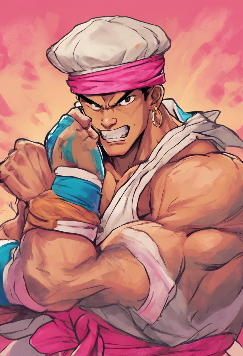 Por favor, crie uma imagem de um desenho de homem sozinho, com 18 anos "Homem" com pele morena. He is wearing a pink cap on his head and has a friendly smile on his face. Suas roupas podem ser casuais, como uma camiseta e jeans. The scene around you is cheerful and sunny, suggesting a pleasant climate. Por favor, Pay attention to facial details and expression to make the drawing as realistic and sympathetic as possible