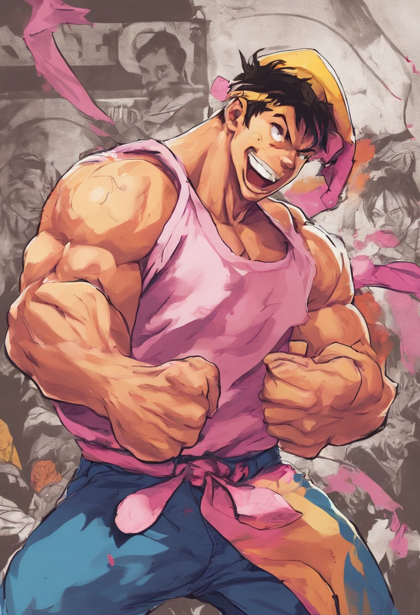 Por favor, crie uma imagem de um desenho de homem sozinho, com 18 anos "Homem" com pele morena. He is wearing a pink cap on his head and has a friendly smile on his face. Suas roupas podem ser casuais, como uma camiseta e jeans. The scene around you is cheerful and sunny, suggesting a pleasant climate. Por favor, Pay attention to facial details and expression to make the drawing as realistic and sympathetic as possible