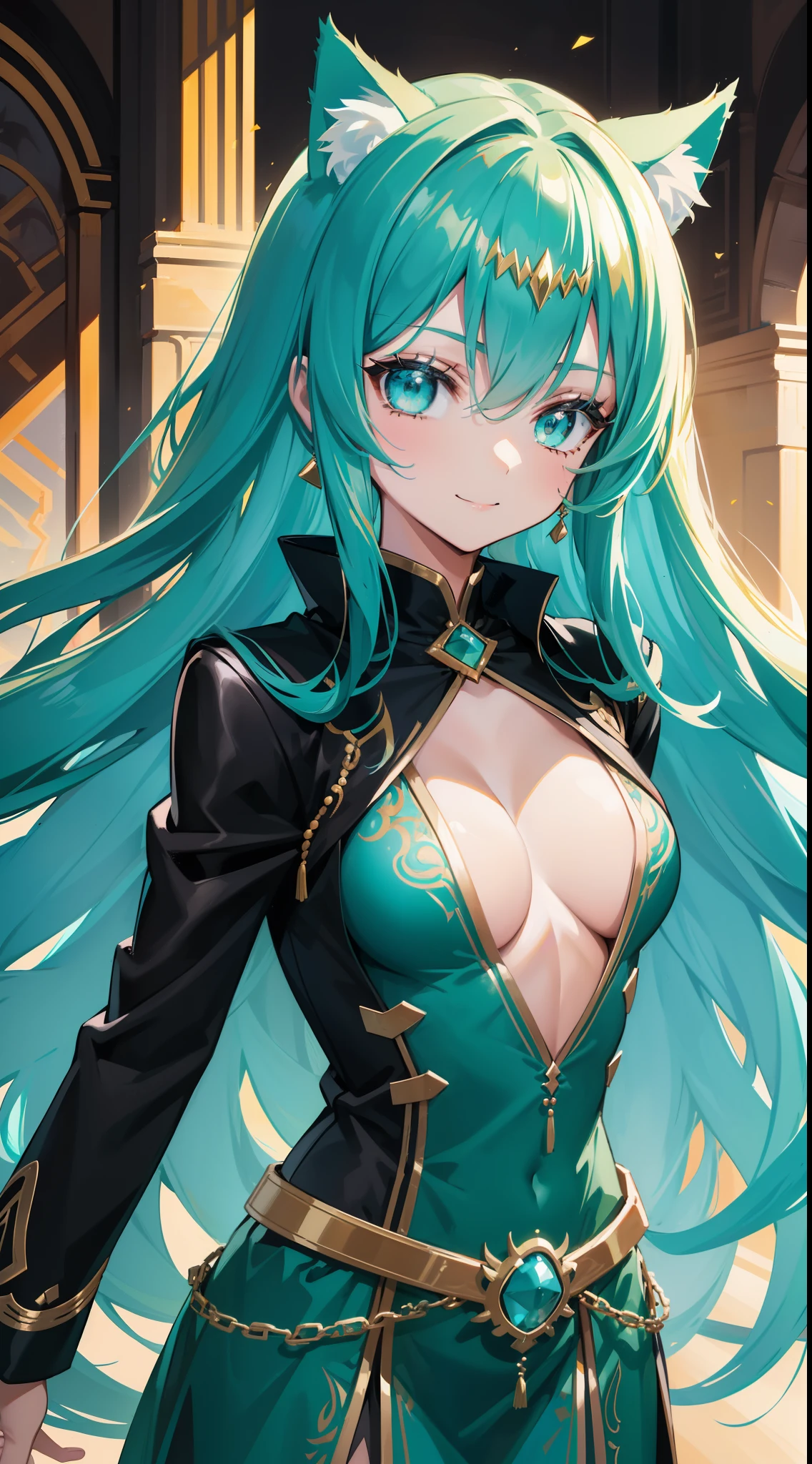 young girl, long turquoise hair, cat ears, turquoise eyes, Smile, black jacket, Green tight dress, diadem, Gold Elements, She-ra, Masterpiece, hiquality, 4k, HD, Good detail