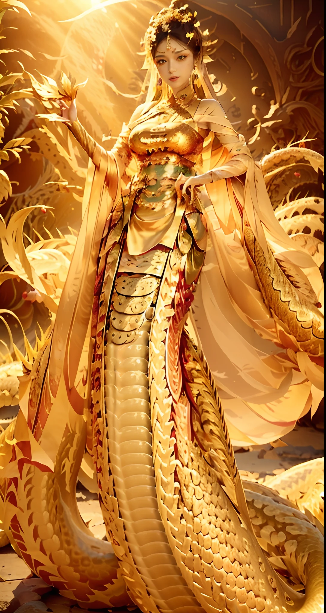 （Lamia），full body shot shot，（（sorceress woman，Realistic style of wheat orange）），1girll，monstergirl，Reptile tail，（Golden shiny snake scales），（shiny white，Red and（golden colored）Gradient scaly tail），（reptilian eyes），In the beautiful plains（beachside），（（Red thin tree with yellow and orange leaves）），sunraise，Orange sun，green plant，amazing lighting effect， Light yellow light，Crystal clear dew，（（astonishingly seductive lamia）），Stunning face and eyes，Soft and delicate appearance，（cabelos preto e longos），（Black eyes as clear as gemstones），nice hand，perfect anatomia，tmasterpiece，Best quality at best，Beautie，dunhuang_clothes，dunhuang_dress，Golden silk streamers on the body，ventania，Medium breast，mythical character，Ancient beauty