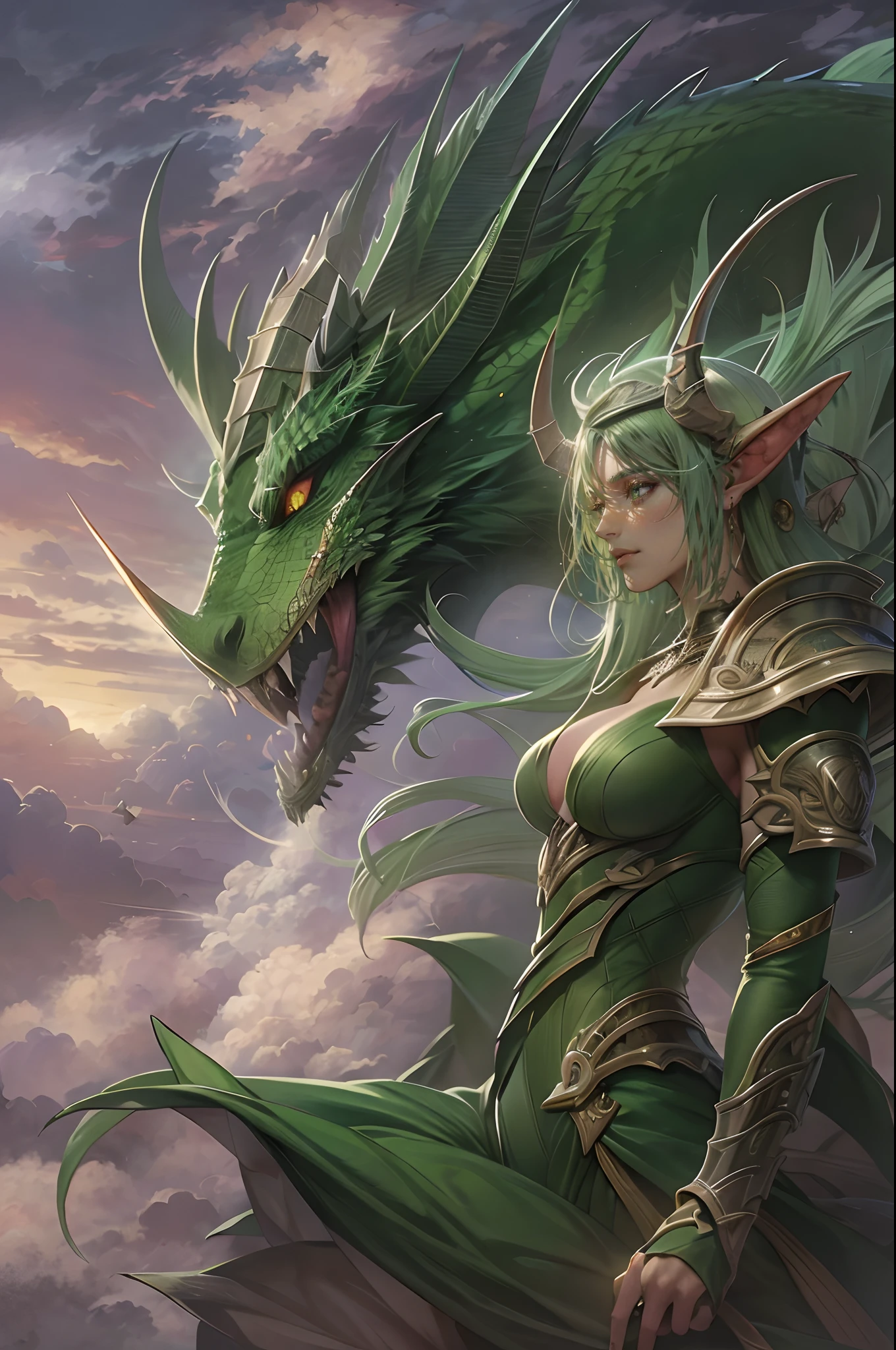Dragon, Ysera, Warcraft, Elven Form, Dragons flying in the background, Green Dragonflight, Beauty, Clouds in the background, Armored, Horns, Slit Eyes, Human Form