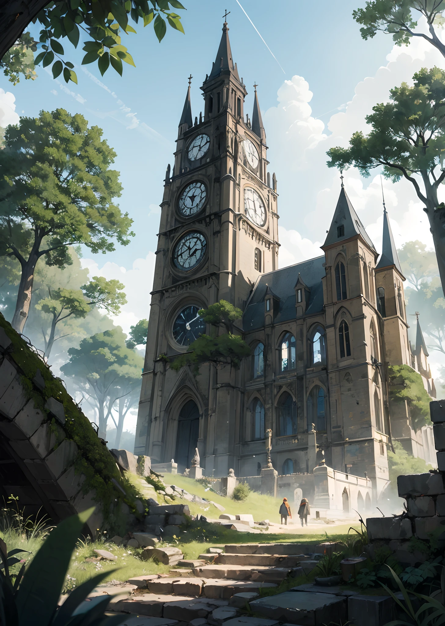 Digital illustration of dense forest full of dense plants and animals、Ruins of a Gothic clock tower at the end of a clearing of vegetation、Composition looking up from below、with no people、​masterpiece、Proportional、detaileds、trending on artstationh、beautiful  lighting、realisitic、Convoluted、awardwinning、4k、top-quality