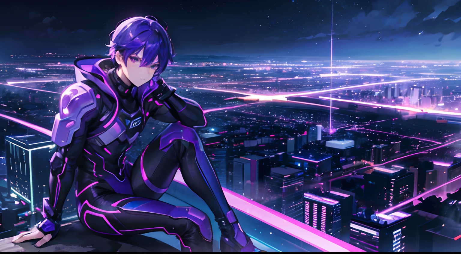1 boy with electric superpowers, purple aura, sitting on edge of building, overlooking neon city, night time back drop, 8k, high res, HDR, studio lighting, ultra-detailed, realistic, portraits, landscape, concept artists, vivid colors, bokeh, sharp focus
