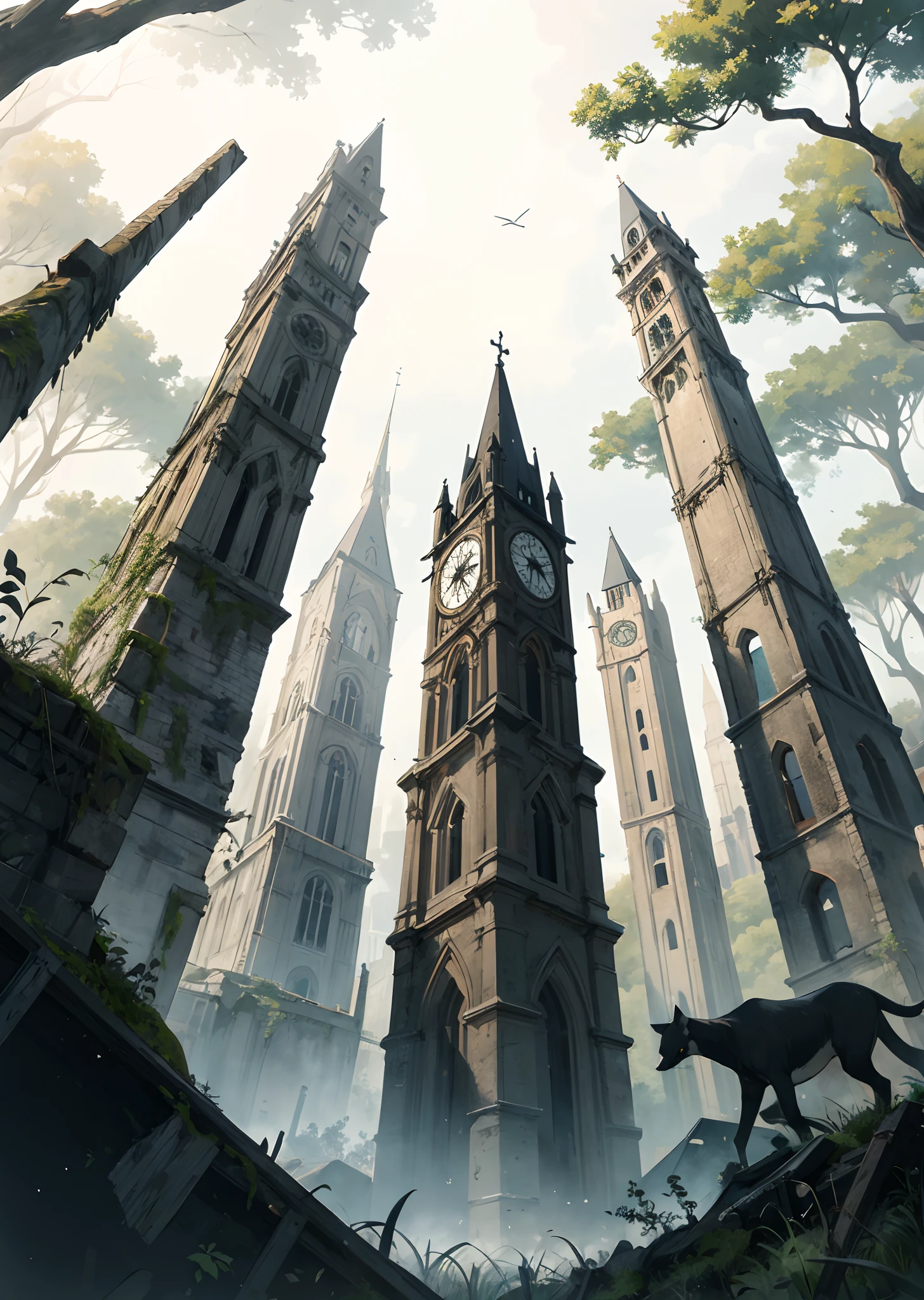 Digital illustration of dense forest full of dense plants and animals、Ruins of a Gothic clock tower at the end of a clearing of vegetation、Composition looking up from below、with no people、​masterpiece、Proportional、detaileds、trending on artstationh、beautiful  lighting、realisitic、Convoluted、awardwinning、4k、top-quality