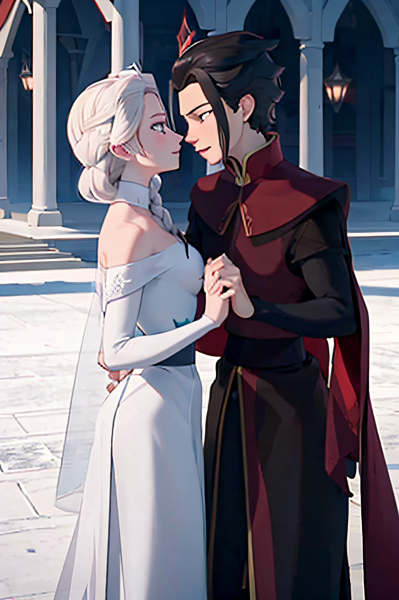 Elsa and Azula making out, Elsa has white platinum blonde hair, azula has black hair, azula has black hair