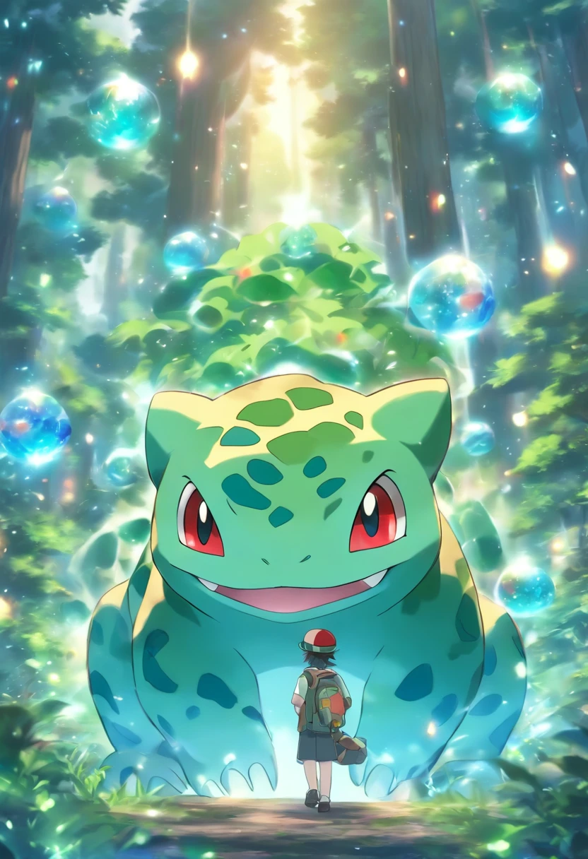 The anime boy in the legal forest turns his back and turns around，The upper part of the body。Holding a small red ball in his hand， There are amazing animals, big trees, Flying fish, Mainly blue and green,Bulbasaur, Anime shonen wears green, He wears a Pokémon-related hat, There is the glowing Bulbasaur,The teenager looked impressed