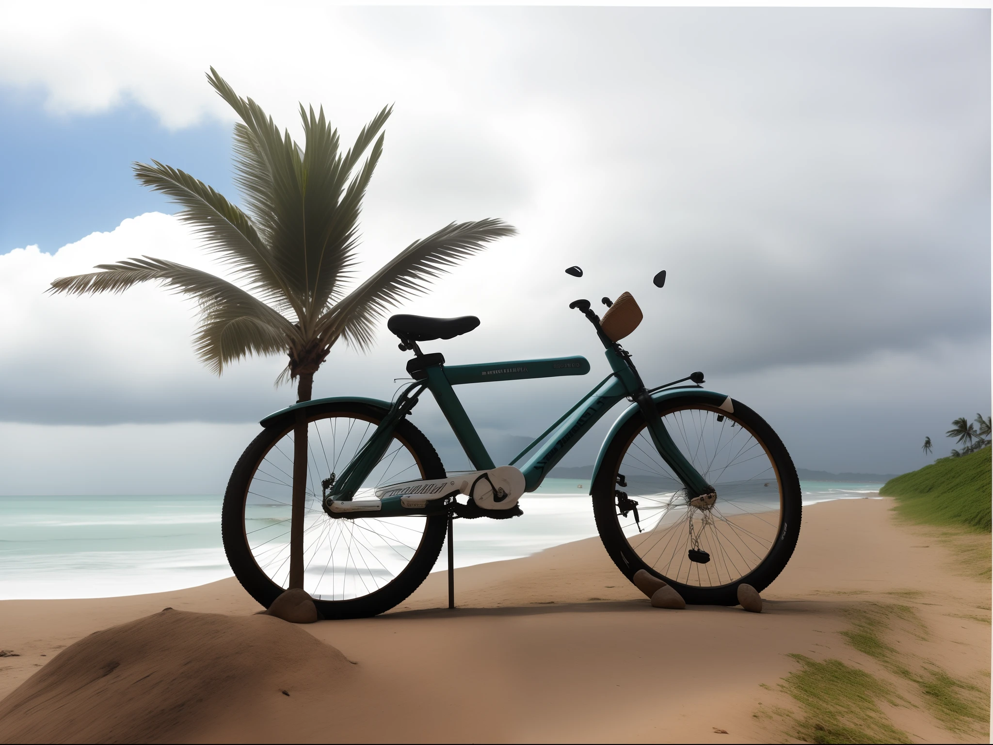 Foto de uma bicicleta estacionada em uma praia com uma palmeira, Brasileiro, Directed by: Nandor Soldier, inspirado em Nathan Oliveira, bicicleta no fundo, ciclismo!!, album, Brasil, Album art, album cape, album cape, Arte RGP, sepia tone, 🚿🗝📝, ciclista, bicicleta, livro, Logo