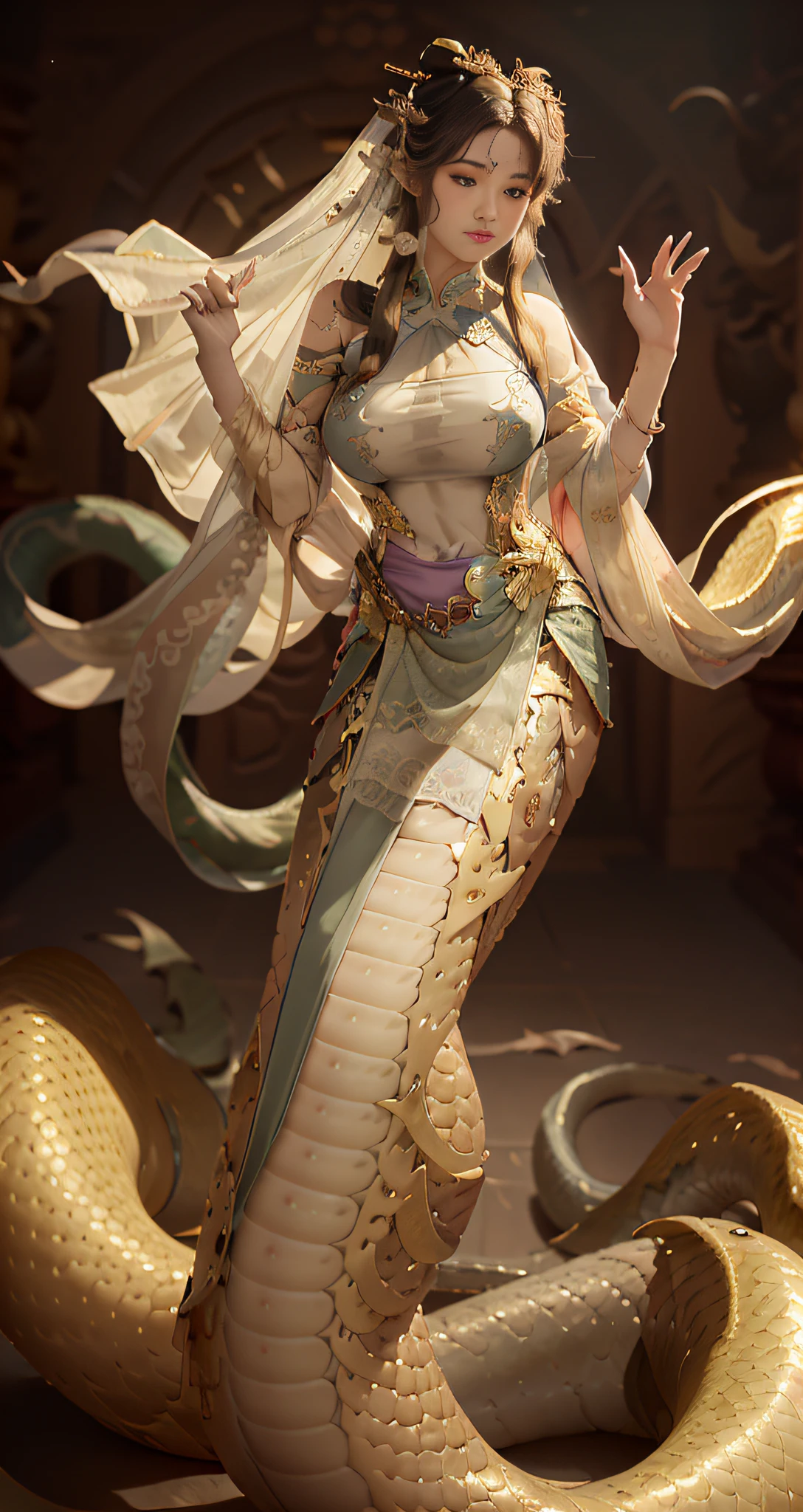 8K  UHD，RAW photo，A sexy succubus covered in golden scales，Snake woman，(mermaid:1.2), (Snake tail:1.3)，snake girl，Snake Banshee，Medusa，Golden scales，blonde with blue eyes，The face is delicate，Skin is delicate and smooth，Full breasts（middlebreast），Bare body，(Real Human:1.3)，(A high resolution:1.4)，(A detailed:1.5)，(photorealestic:1.7)，RAW photo，Portrait Photogram，Real Human，RAW photo，超A high resolution，Foto realism，best qualtiy，(highdetailskin，skin detailed)，Visible Pore，Shiny skin，tmasterpiece，finedetail，Colorization，Extremely Delicately Beautiful，Extremely detailed 8k wallpaper，8K high quality，Digital SLR，beautiful girl with beautiful details，(looking at viewert)，professional photograph lighting，Faraway view，in a panoramic view，Standing posture