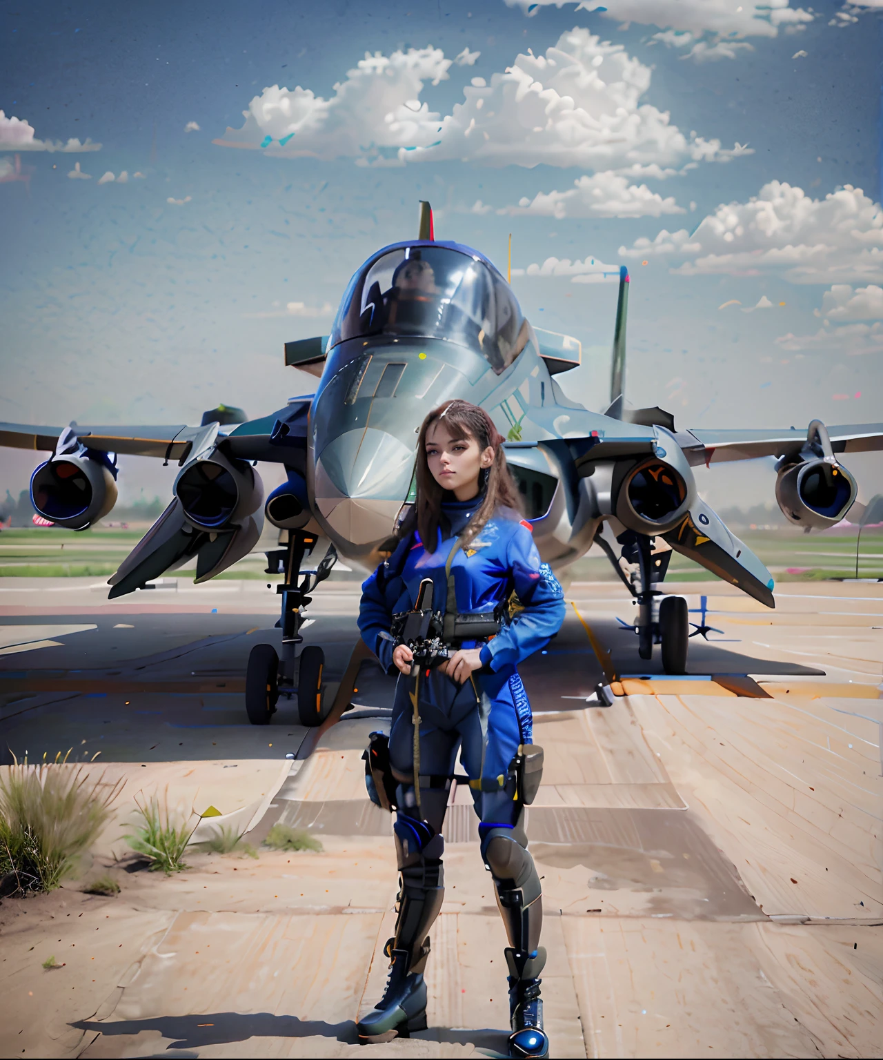 There is a woman standing in front of a fighter plane, jetstream sam from metal gear, pilot girl, quiet from metal gear solid, quiet from metal gear solid v, 70's jetfighter pilot girl, inspired by Leng Mei, cute pilot girl, Ace Combat, profile shot, DCS World Style, portrait of figther jet evading, ana from overwatch