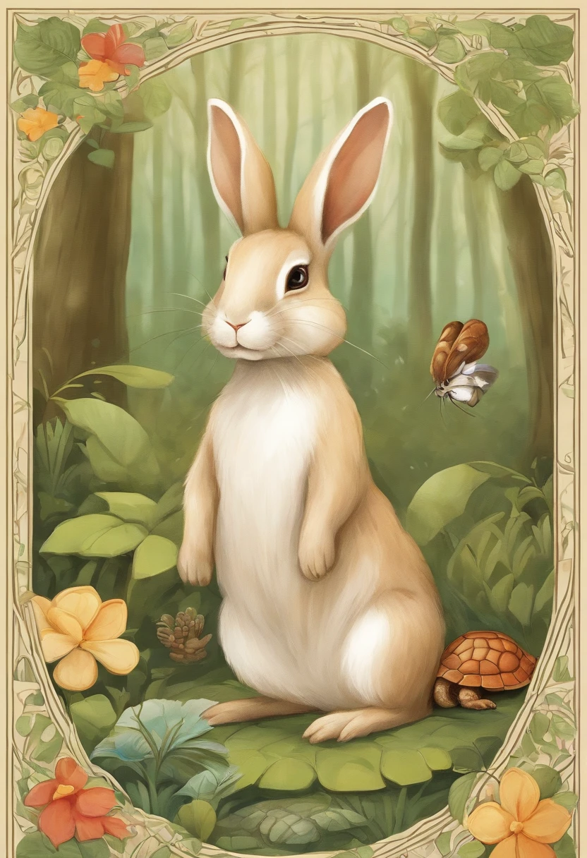 Claro! Here is the translation of your request into English:
"Please create a child-friendly image to illustrate a fable book. The image should depict a rabbit and a turtle who are friends in the forest. The rabbit should be portrayed as cute and friendly, with soft colors and a friendly smile. The turtle should have a friendly expression as well. The forest around them should be lush, with tall trees, bushes, and colorful flowers. Make sure the image conveys the idea of friendship and harmony between the rabbit and the turtle. This image will be used to captivate children in a fable story. Thank you!"