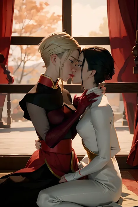 azula and gwen stacy passionately kissing in a dimly lit room, their bodies entwined. gwen, with her flowing blonde hair, caress...