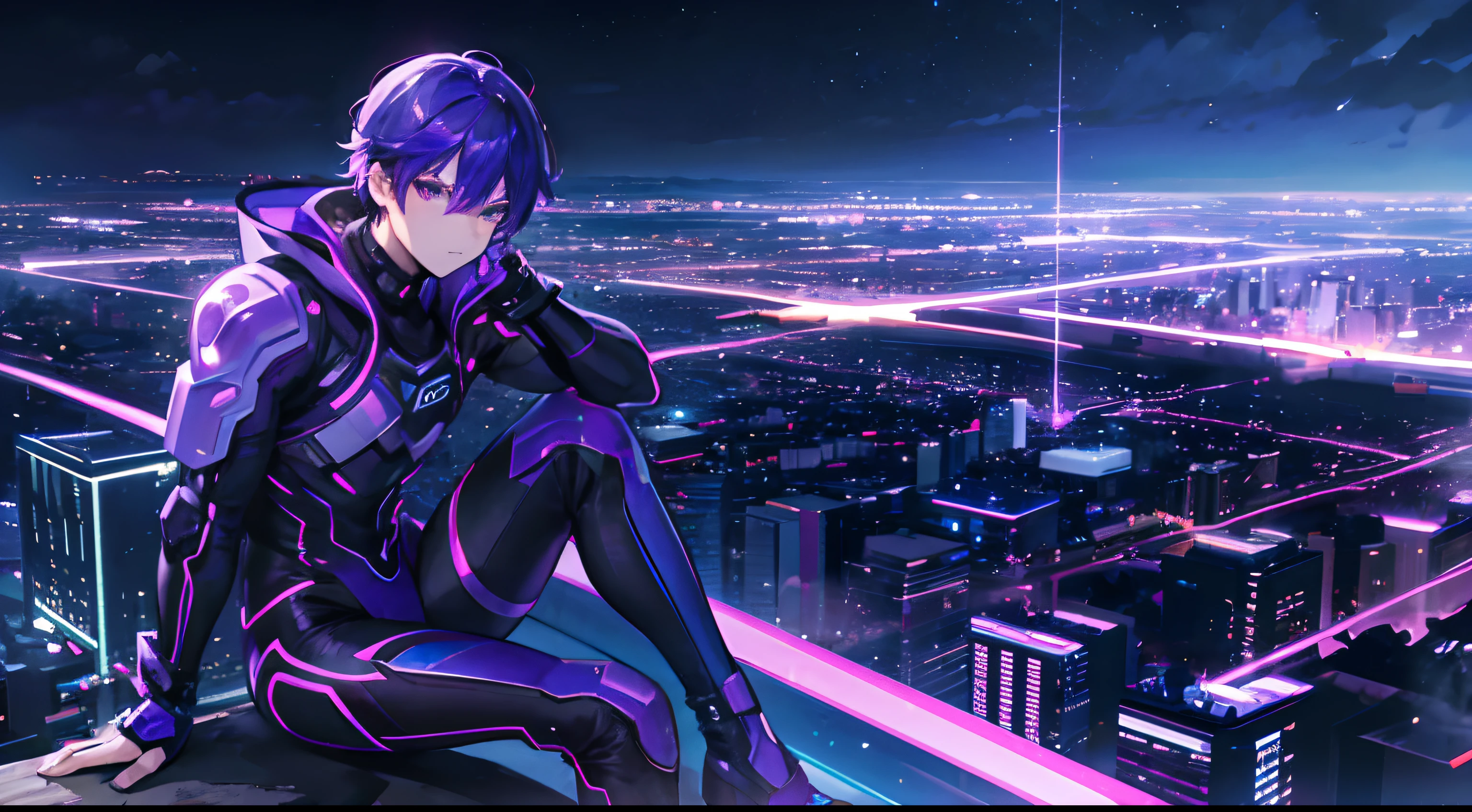 1 boy with electric superpowers, purple aura, sitting on edge of building, overlooking neon city, night time back drop, 8k, high res, HDR, studio lighting, ultra-detailed, realistic, portraits, landscape, concept artists, vivid colors, bokeh, sharp focus