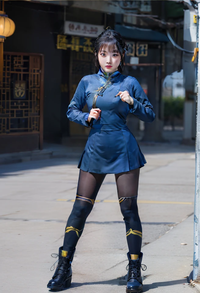 Schoolgirl in kung fu cheongsam dress、、kneehigh boots、fighting poses、blue and yellow、Good Style、thick leg、bulging chest、Wearing dark stocking tights