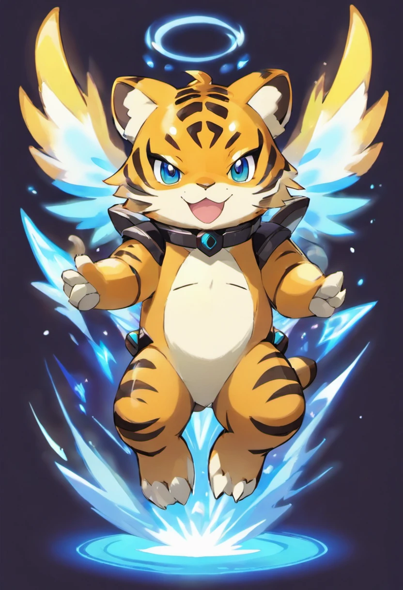 1tiger, with jet pack on its back, small, (wild:1.2), powerful, solo, best quality, master peice, glowing, yugioh style, yugioh monster, duel monster, outline, digimon, pokemon, sparkle