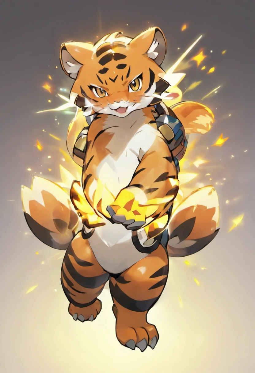 1tiger, with jet pack on its back, small, (wild:1.2), powerful, solo, best quality, master peice, glowing, yugioh style, yugioh monster, duel monster, outline, digimon, pokemon, sparkle