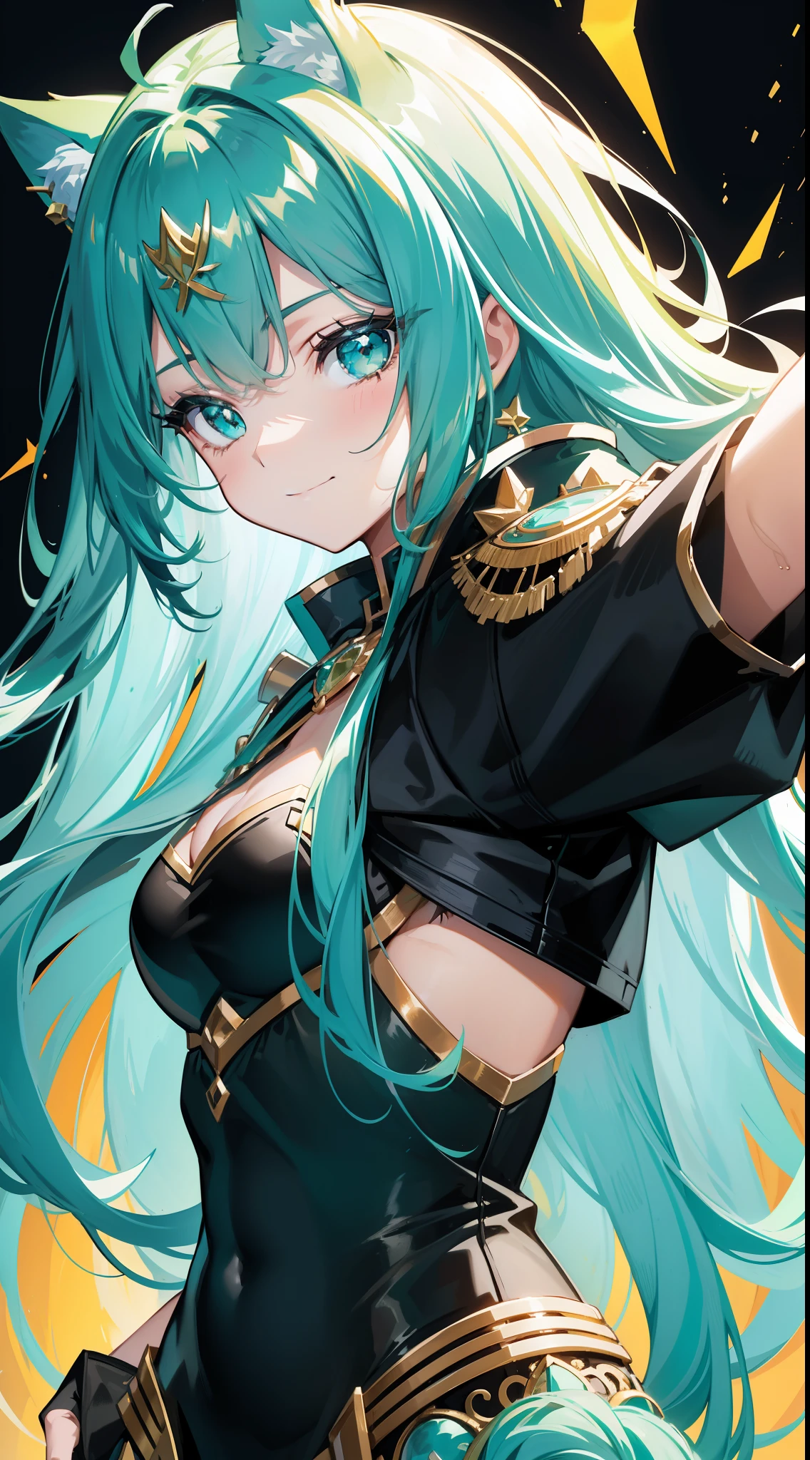 ((Best Quality)), ((Masterpiece)), (Details),Rimuru Tempest, Light Blue Hair, Yellow Eyes, Long Hair, Man's Daughter, Man's Body, Smile, Black Coat