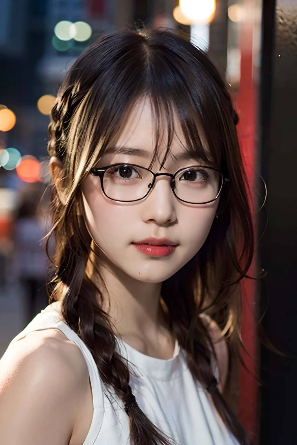 (8K、Raw photography、top-quality、masterpiece:1.2)、(realisitic、Photorealsitic:1.37)、ultra-detailliert、超A high resolution、女の子1人、see the beholder、beautifull detailed face、A smile、Constriction、(Slim waist) :1.3)、White summer clothes、Beautiful detailed skin、Skin Texture、Floating hair、Braided hair、Professional Lighting、Downtown at night、((Black square glasses )) 、Whole human body、Brown hair