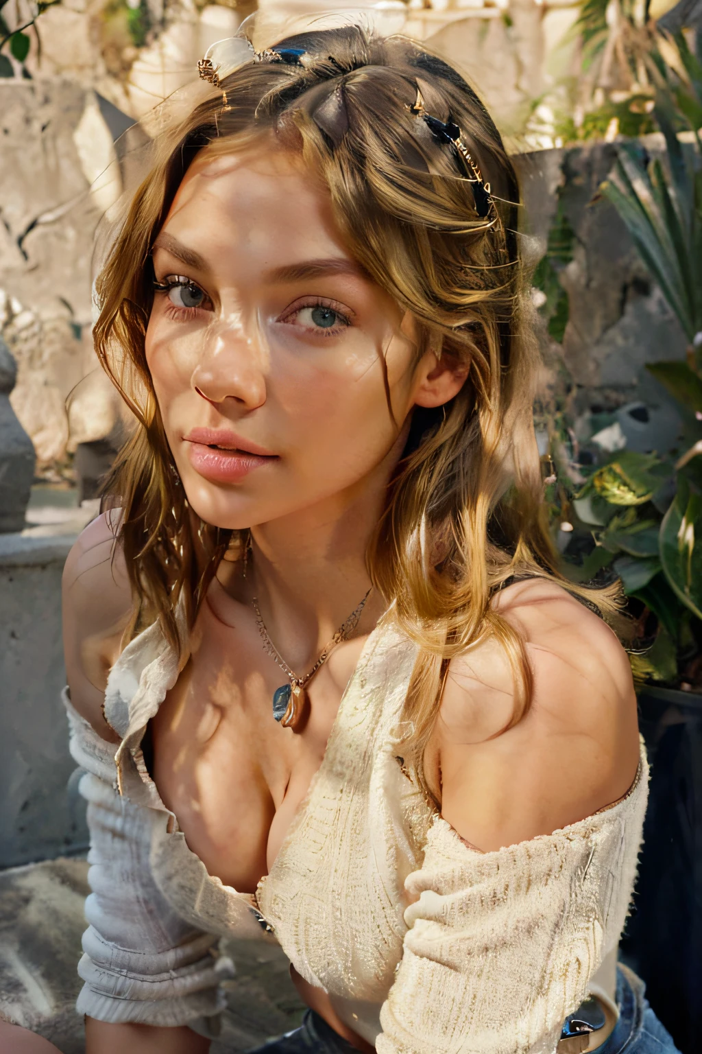 Create an AI model with the following characteristics resembling Morgan Avery: - Birthdate: 11th February 1997 - Birthplace: Georgia, United States - Nationality: American - Ethnicity: Caucasian - Profession: Supermodel - Hair color: Blonde - Eye color: Blue - Height: 172 cm (or 5'8") - Weight: 56 kg (or 123 lbs) - Body type: Slim - Measurements: 34-25-34 - Bra/cup size: 34C - Boobs: Real/Natural - Additional traits to emphasize: Hot, Big Butt, Nice Butt, Great Body, Bubble Butt, Pretty Face In the rendered image, the AI model is depicted facing the viewer with blonde hair, bare shoulders, brown eyes, adorned with jewelry, showcasing the entire body. The model is wearing an off-the-shoulder sweater, emphasizing the lips and nose. The depiction is highly realistic, with an emphasis on capturing intricate details, flirting with the camera. The image is processed to achieve ultra-realism, with 8K UHD resolution and maximum attention to details, including skin texture, roughness, and overall lifelike appearance, akin to a photograph.