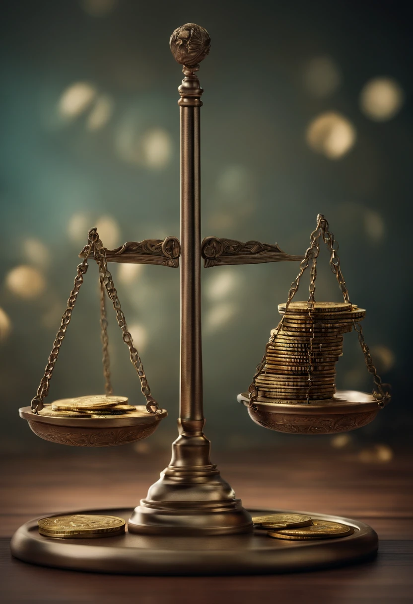 Create an image of an unbalanced scale, with several coins stacked on one side and the other side completely empty and tilted upwards. Add details to currencies, as letters and numbers, para tornar a imagem mais realista. Add shadows to give depth to the image
