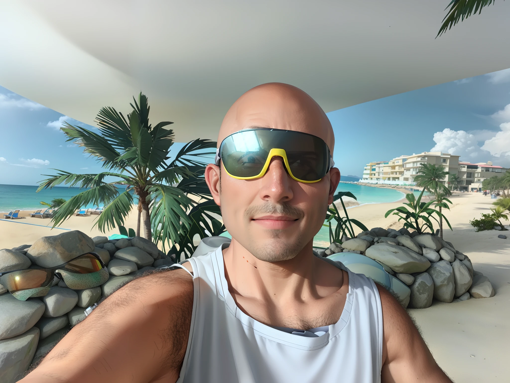Bald man in sunglasses and white shirt on the beach, with neon visor, imagem do avatar, imagem de perfil, goggles on forehead, Foto selfie 8k, yellow sport glasses, point of view of visor wearer, goggles, wearing goggles, wearing facemask and sunglasses, vacation photo, wearing oakley sunglasses, wearing shiny black goggles, album photo