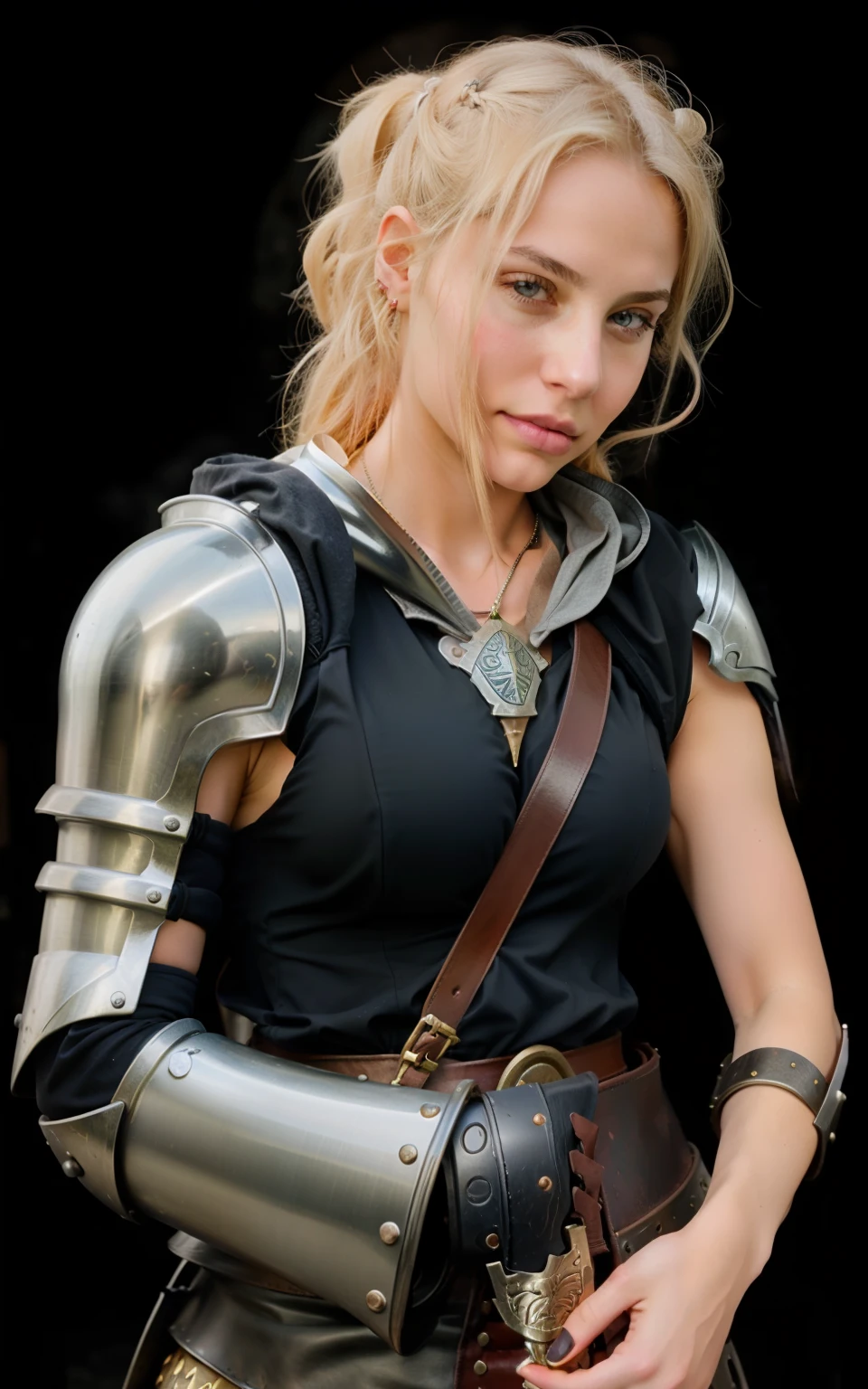 Photorealistic, portrait of fullmetal alchemis, elric of melnibone, body of a girl, c cup breasts, covered in full metal armor, big boobs, thick, curvy,  real, real life