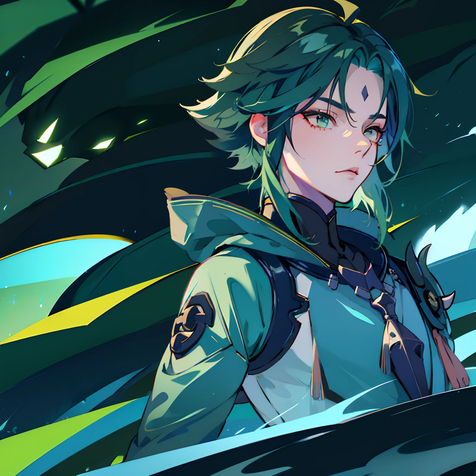 shoun,Green hair,Dark blue storm jacket,Black sunglasses