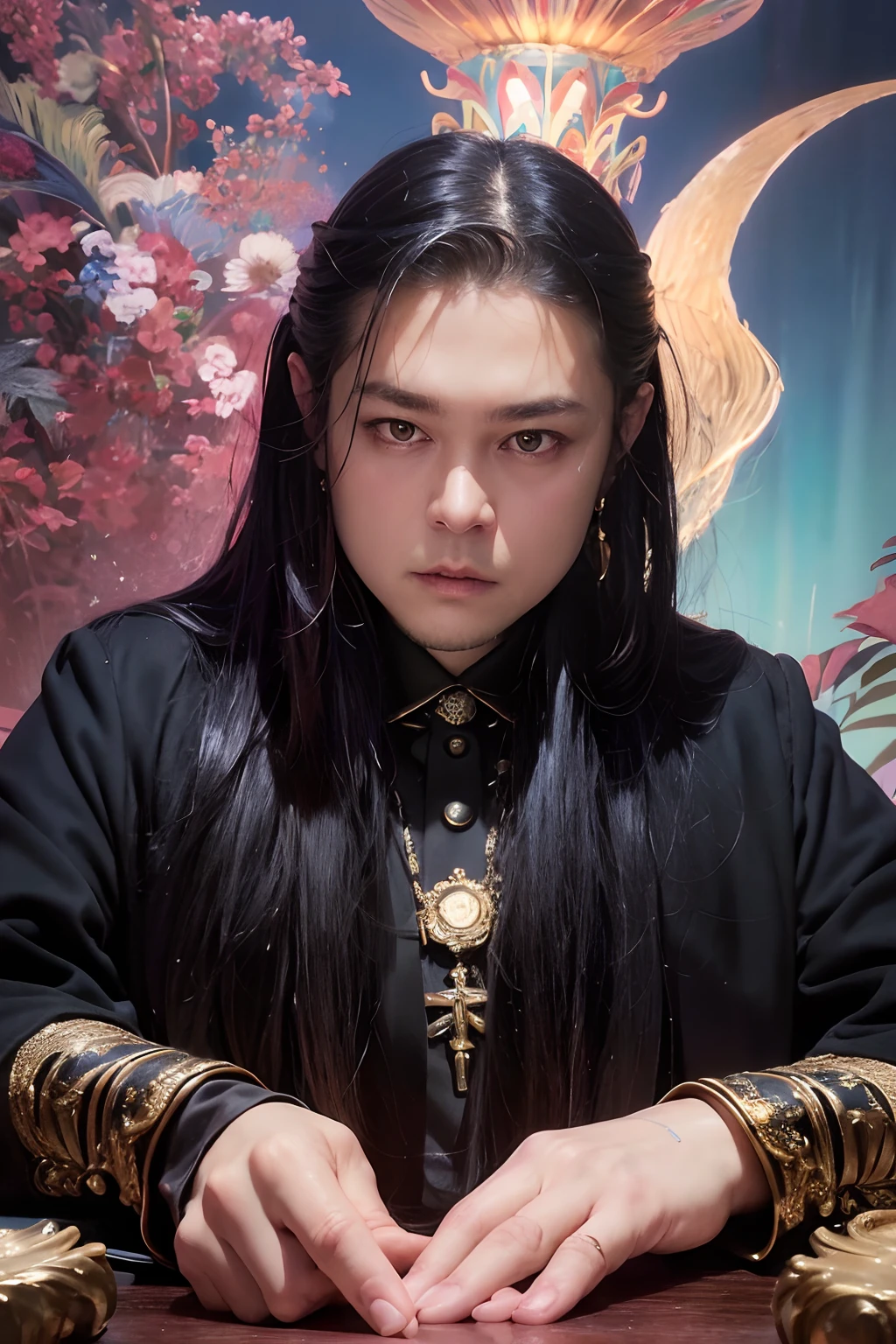 Surrealist male portraits by David Hockney and Alphonse Mucha，Fantasyart，photographrealistic，动态照明，art  stations，poster for，Volumetriclighting，Very detailed faces，4 k''，Award-Awarded，in the darkness nigth，deep shading，low tune，Cowboy photos,(formal outfit:1.4),long whitr hair,whaite hair,