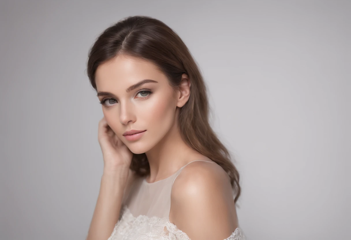 modelo: La modelo debe tener un aspecto fresco y natural, with minimal makeup that highlights your features. Su cabello debe ser peinado en ondas sueltas o un peinado elegante. luci: Usar suave, Diffused lighting to create a warm and welcoming atmosphere. Usar luces de estudio fondo: Elija un fondo simple y ordenado que complemente el modelo y el producto. Un fondo blanco liso o de color pastel funciona bien. compositing: Experiment with different angles and compositions to find the most flattering and interesting shot. Prueba a disparar desde arriba o desde abajo, or use the rule of thirds to create visual interest. cabello brillante, a professional movie photograph of, La mejor calidad, alta calidad, Altas Resoluciones, Altamente detallado, cinematic lighting