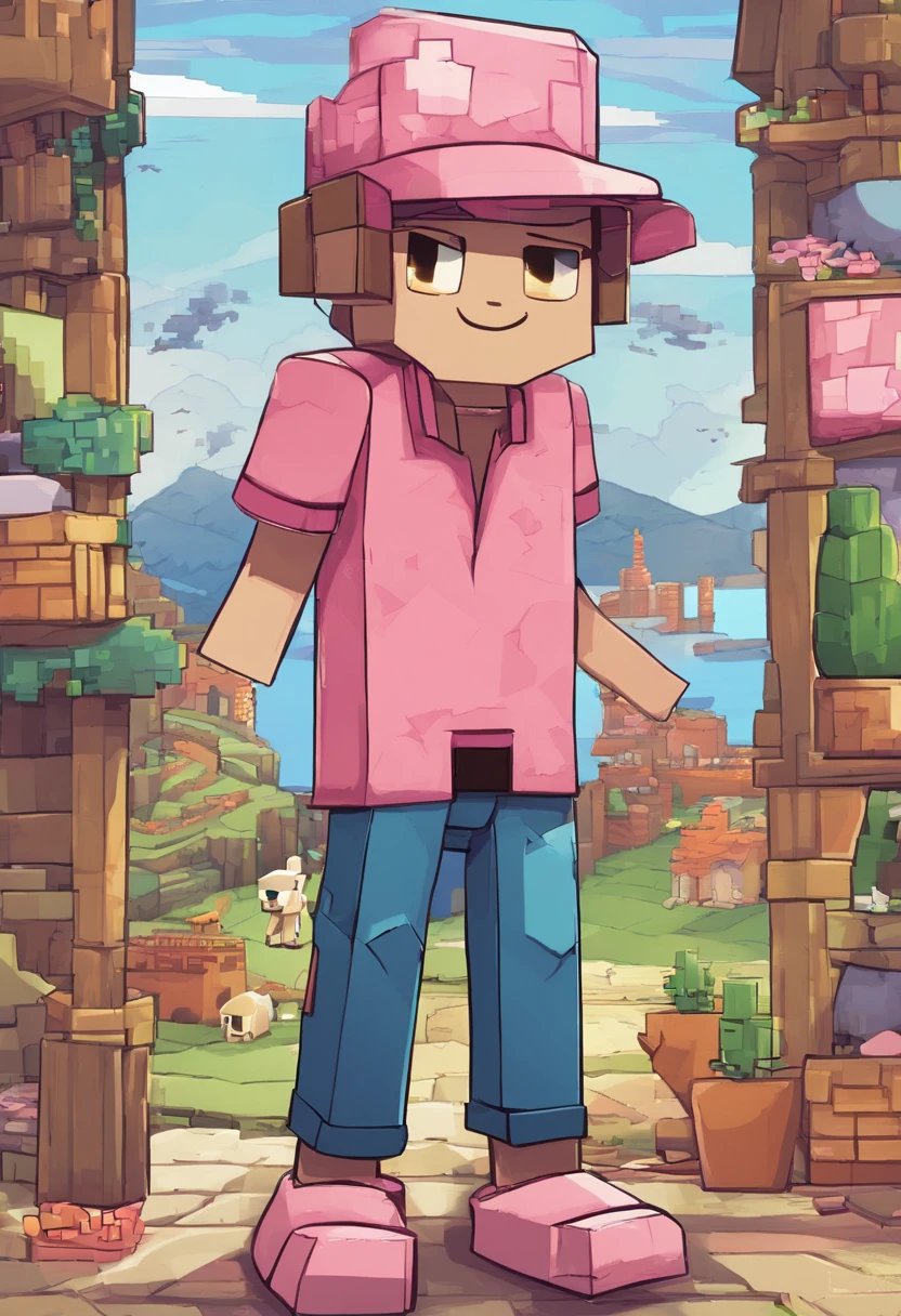 Por favor, crie uma imagem de um desenho de homem sozinho, com 18 anos "Homem" com pele morena. He is wearing a pink cap on his head and has a friendly smile on his face. Suas roupas podem ser casuais, como uma camiseta e jeans. The scene around you is cheerful and sunny, suggesting a pleasant climate. Por favor, Pay attention to facial details and expression to make the drawing as realistic and sympathetic as possible