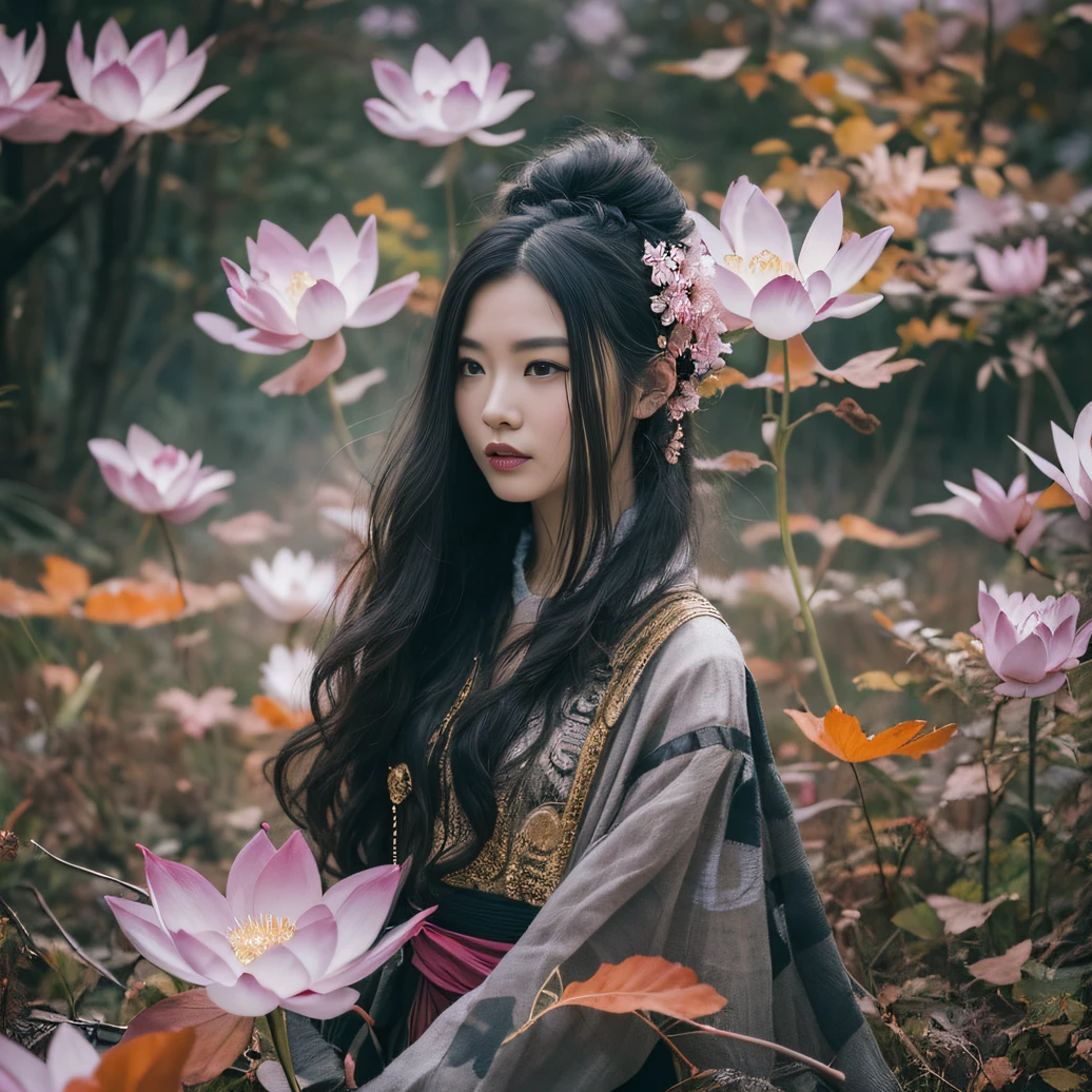 Gold tailgate 32K(tmasterpiece,k hd,hyper HD,32K)Long flowing black hair,ponds,zydink, a color, Tailfire (Concubine girl), (Purple silk scarf), Combat posture, looking at the ground, long whitr hair, Floating hair, Carp pattern headdress, Chinese long-sleeved clothing, (Abstract gouache splash:1.2), Pink petal background,Pink and white lotus flowers fly(realisticlying:1.4),Black color hair,Fallen leaves flutter,The background is pure, A high resolution, the detail, RAW photogr, Sharp Re, Nikon D850 Film Stock Photo by Jefferies Lee 4 Kodak Portra 400 Camera F1.6 shots, Rich colors, ultra-realistic vivid textures, Dramatic lighting, Unreal Engine Art Station Trend, cinestir 800,Long flowing black hair,Linen skirt