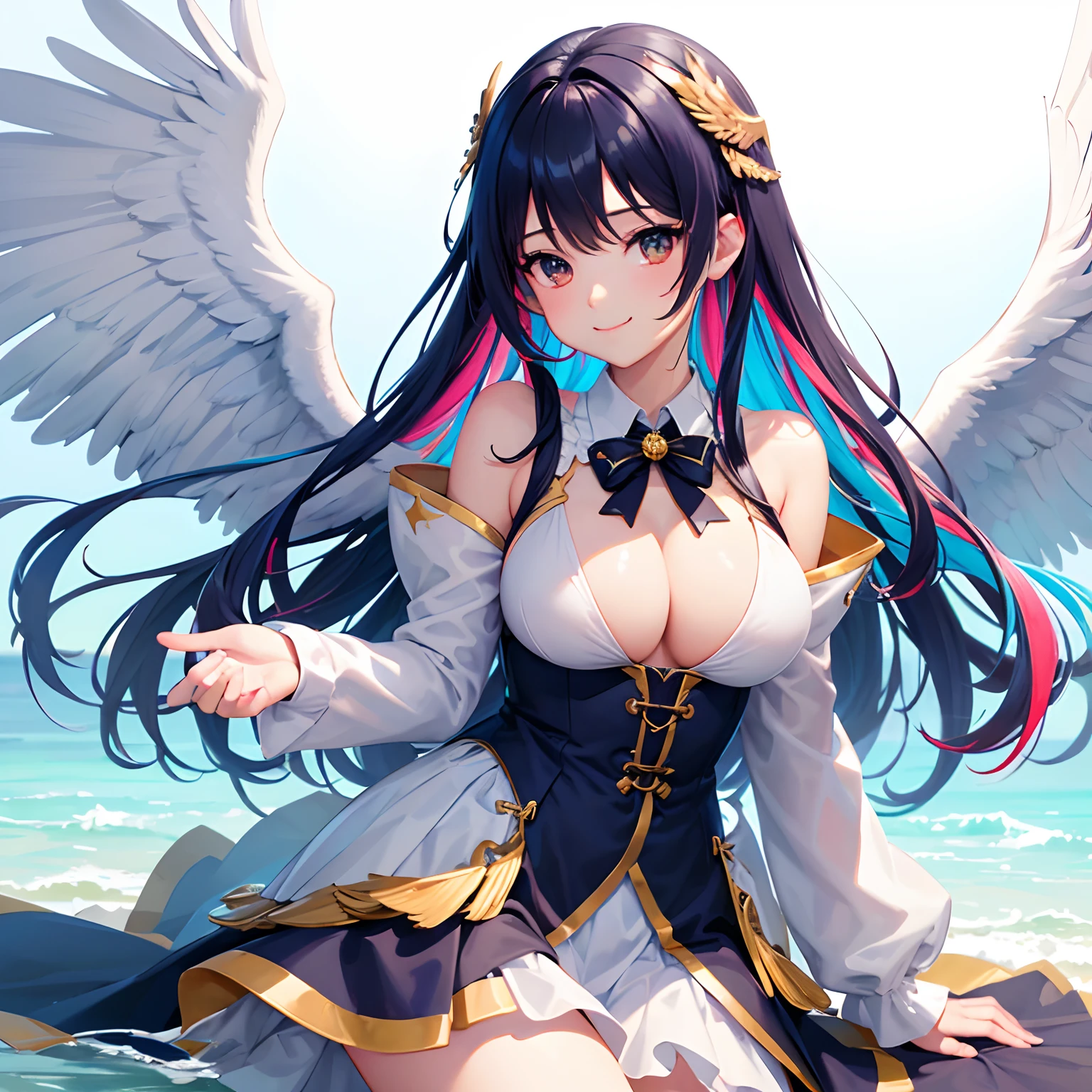 Beautiful girl with angel wings,Cute 2D, backgroundbacklighthigh-resolution ,top-quality,Beautiful Beautiful Girl,超A high resolution,A smile,Perfect Beautiful Girl,Colossal tits,校服、blazers,multicolored hair,