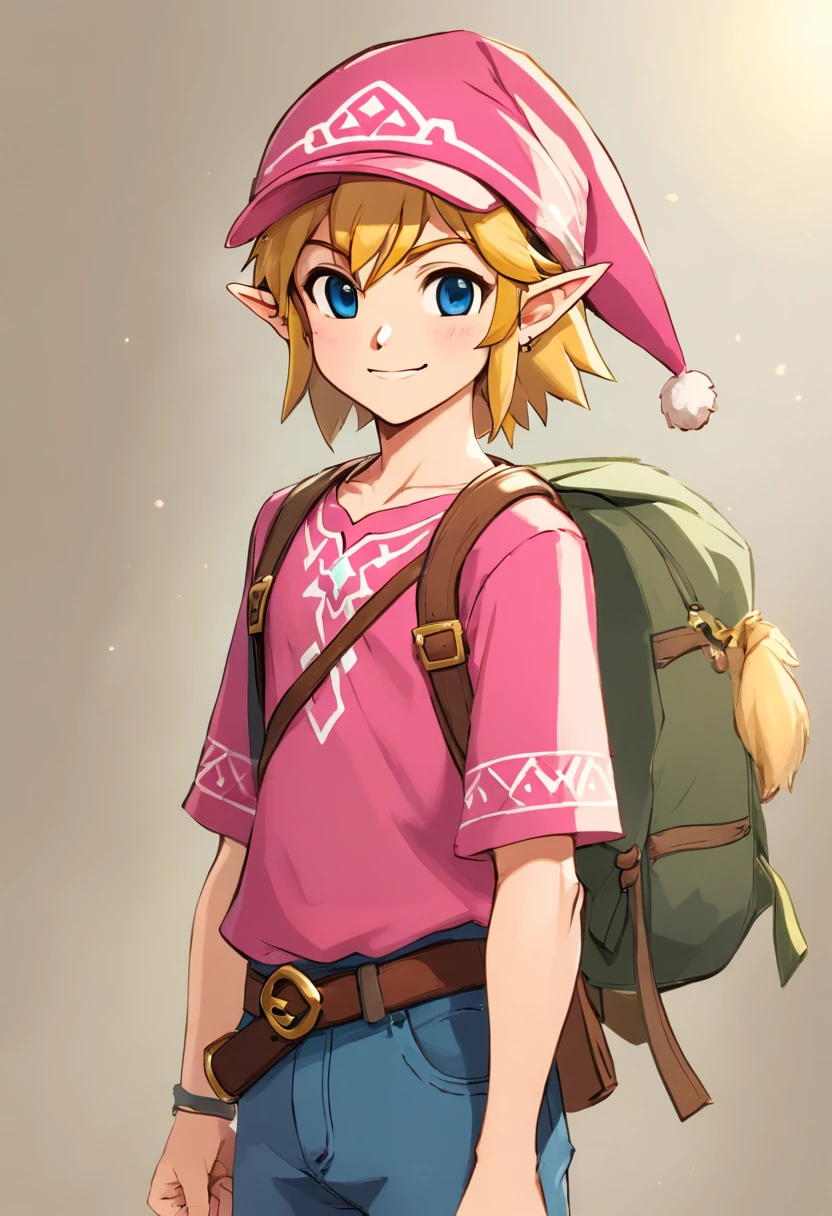 Por favor, crie uma imagem de um desenho de homem sozinho, com 18 anos "Homem" com pele morena. He is wearing a pink cap on his head and has a friendly smile on his face. Suas roupas podem ser casuais, como uma camiseta e jeans. The scene around you is cheerful and sunny, suggesting a pleasant climate. Por favor, Pay attention to facial details and expression to make the drawing as realistic and sympathetic as possible