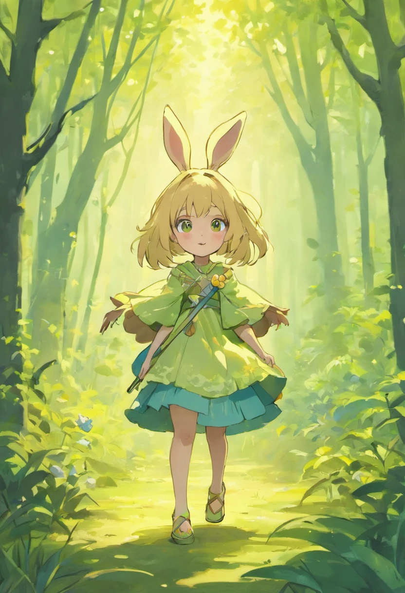 "Create a child-friendly image to illustrate a fable book. The image should depict a rabbit and a turtle who are friends in the forest. The rabbit should be portrayed as cute and friendly, with soft colors and a friendly smile. The turtle should have a friendly expression as well. A floresta ao seu redor deve ser exuberante, with tall trees, Arbustos, e flores coloridas. Certifique-se de que a imagem transmite a ideia de amizade e harmonia entre o coelho e a tartaruga. This image will be used to captivate children in a fable story. Obrigado!"