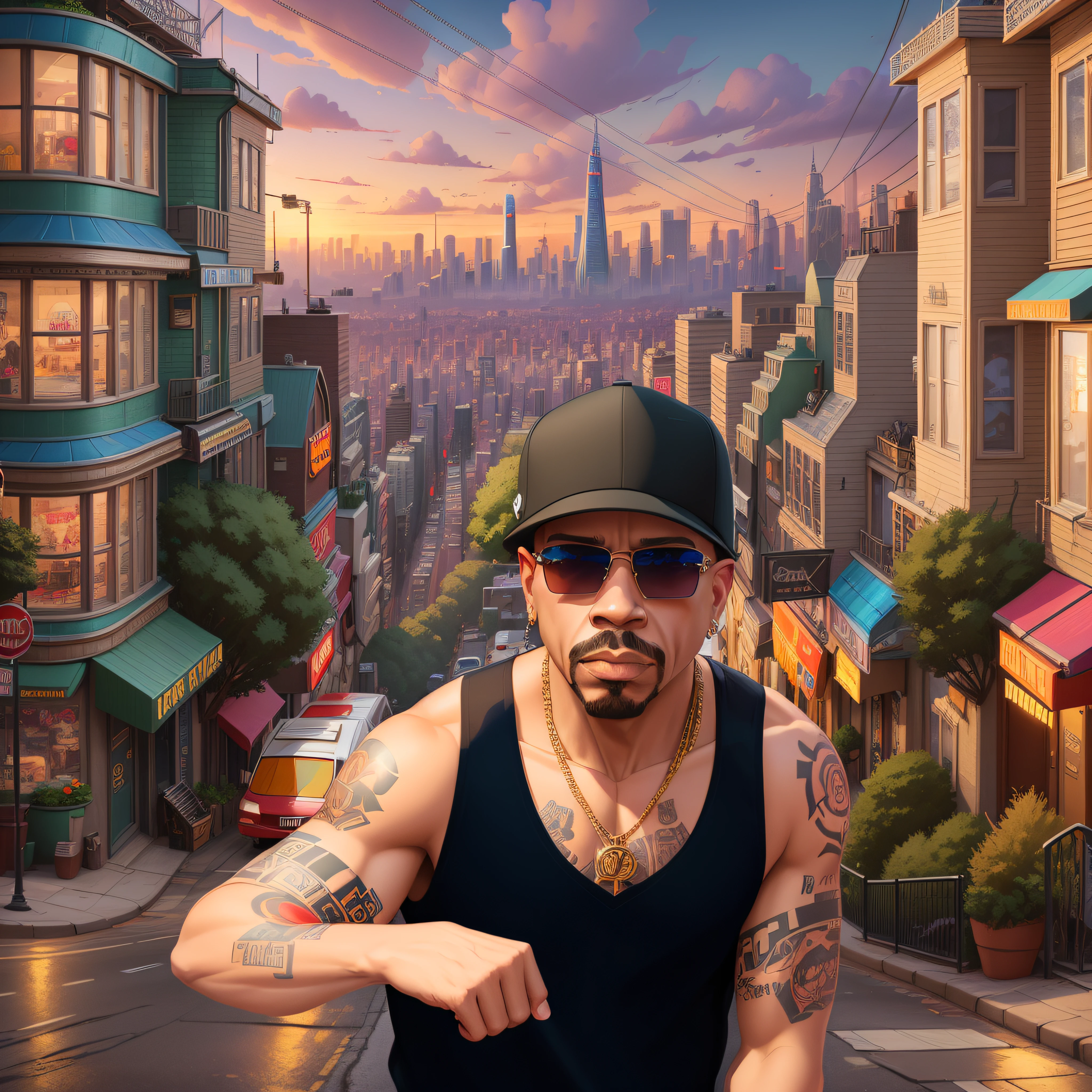 Cartoon character of a black man wearing sunglasses with gold lenses and a black oakley tank top, smoking a cigarette, animation character, stylized character, animation style rendering, 3d stylized, Arnold Maya rendering, Stylized 3D rendering, toon render screenshot, 3d character, 3d character, Stylized 3D rendering, 3D character rendering, cartoon character, Personagem de close up, character posing, (Pixar-style) (master part:1.2) (bokeh) (best qualityer) (skin detailed) (detailed texture) (8k) (Argilla) (cinematic lighting) (sharp focus