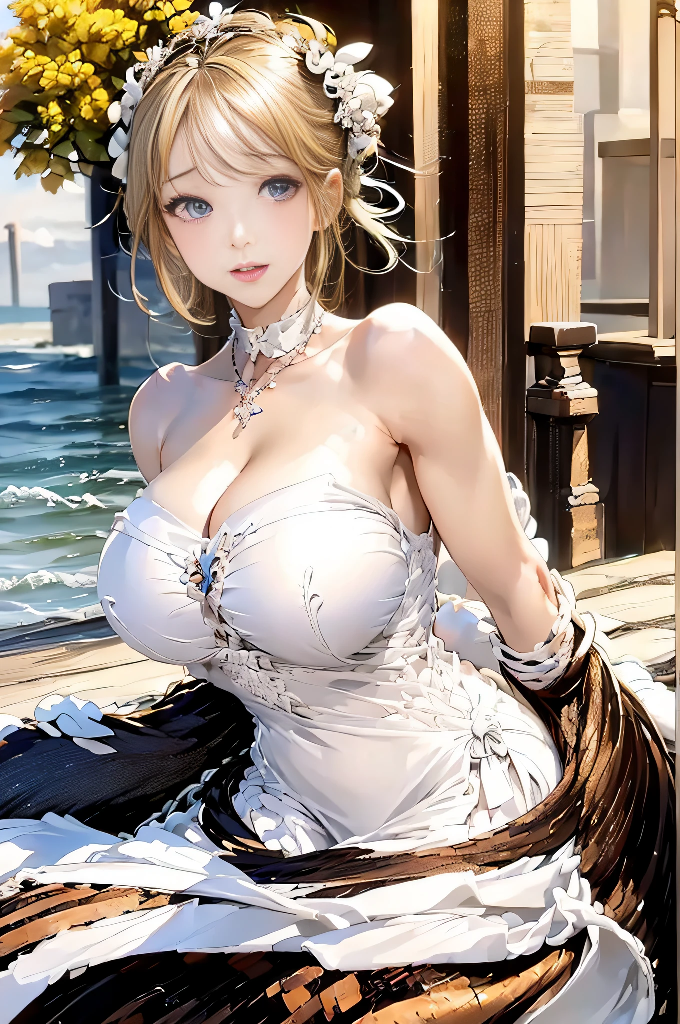 Masterpiece, High quality, Young girl, The breasts are large and full, digital camera, White jacket, Blonde, Facing forward, looking at the camera in, full bodyesbian, center of screen