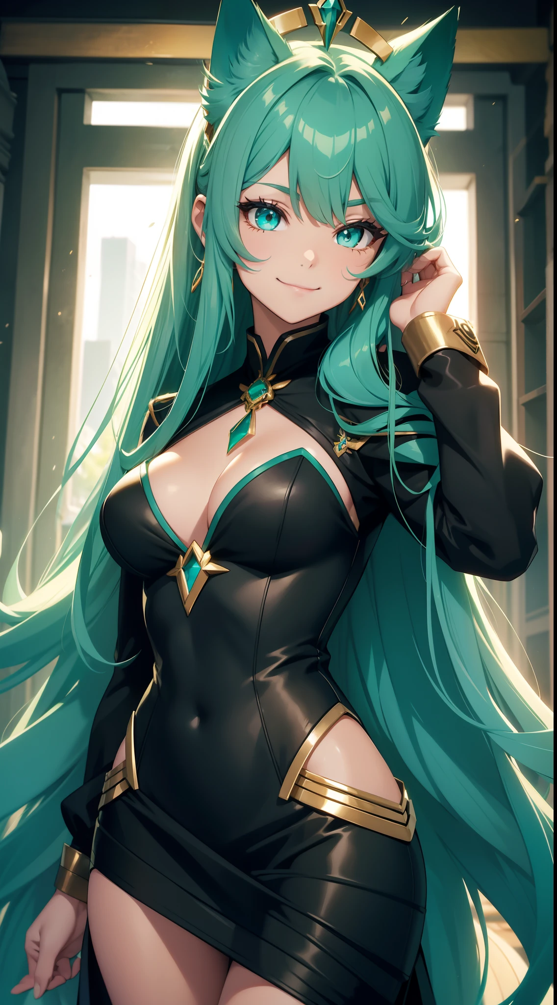 young girl, long turquoise hair, cat ears, turquoise eyes, Smile, black jacket, Green tight dress, diadem, Gold Elements, She-ra, Masterpiece, hiquality, 4k, HD, Good detail