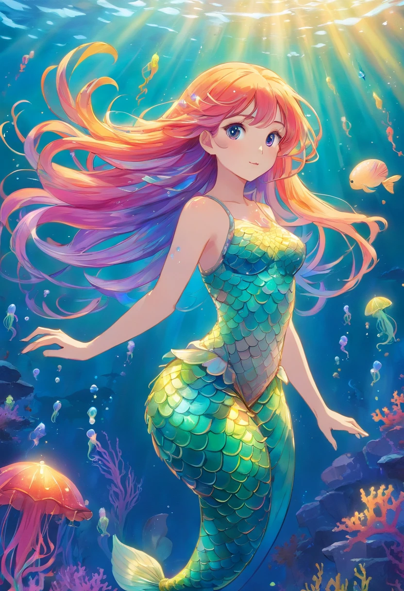 Rainbow Mermaid,fantasy creature (mermaid:1.1),underwater landscape,Depth of the sea,Beautiful detailed eyes,Beautiful detailed lips,Glowing scales,Flowing colorful hair,Finely tuned fishtail,Magical underwater lighting,calm and serene ambiance,Peaceful underwater kingdom,Dreamy environment,Floating seaweed and corals,Fascinating marine life,vivid and bright colors,Natural light penetrating through the water,Dancing iridescent jellyfish,Playful and gentle sea creatures,An ethereal and enchanting presence,Mystical and mysterious aura.