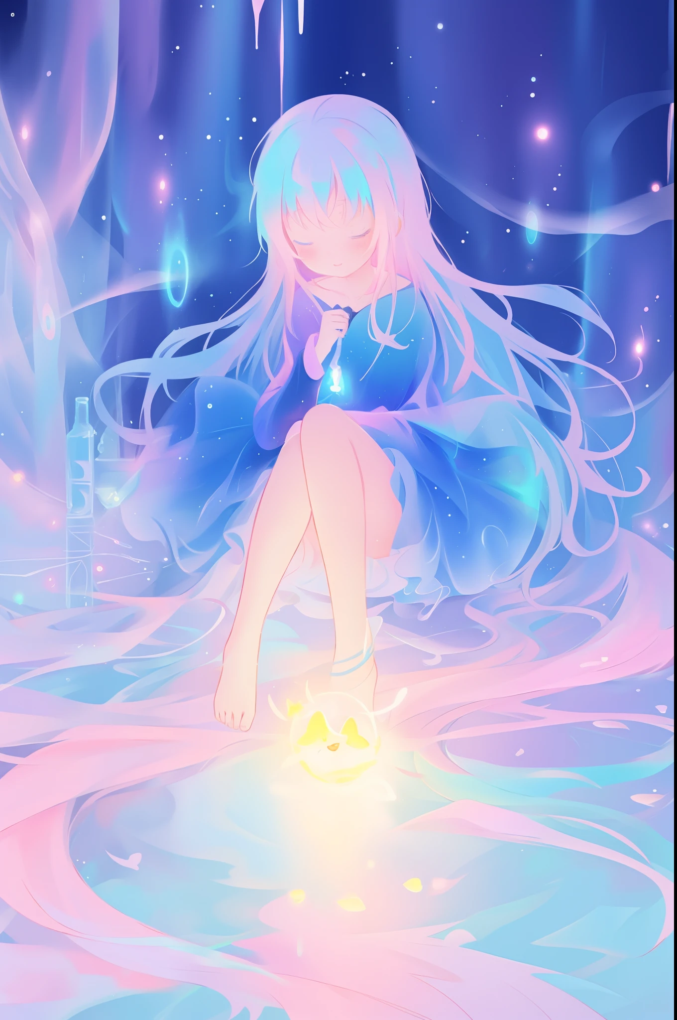 beautiful anime girl, inspired by Glen Keane, inspired by Lois van Baarle, (disney art style), by Lois van Baarle, glowing aura around her, by Glen Keane, jen bartel, glowing lights! digital painting, flowing glowing hair, glowing flowing hair, beautiful digital illustration, magical, whimsical, fantasia background, liquid ballgown, liquid hair, colorful