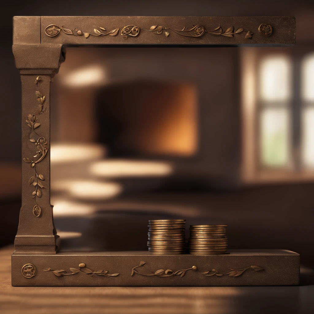 Create an image of an unbalanced scale, com moedas empilhadas de um lado e o outro lado completamente vazio e inclinado para cima. Add details to currencies, as letters and numbers, e sombras para tornar a imagem mais realista