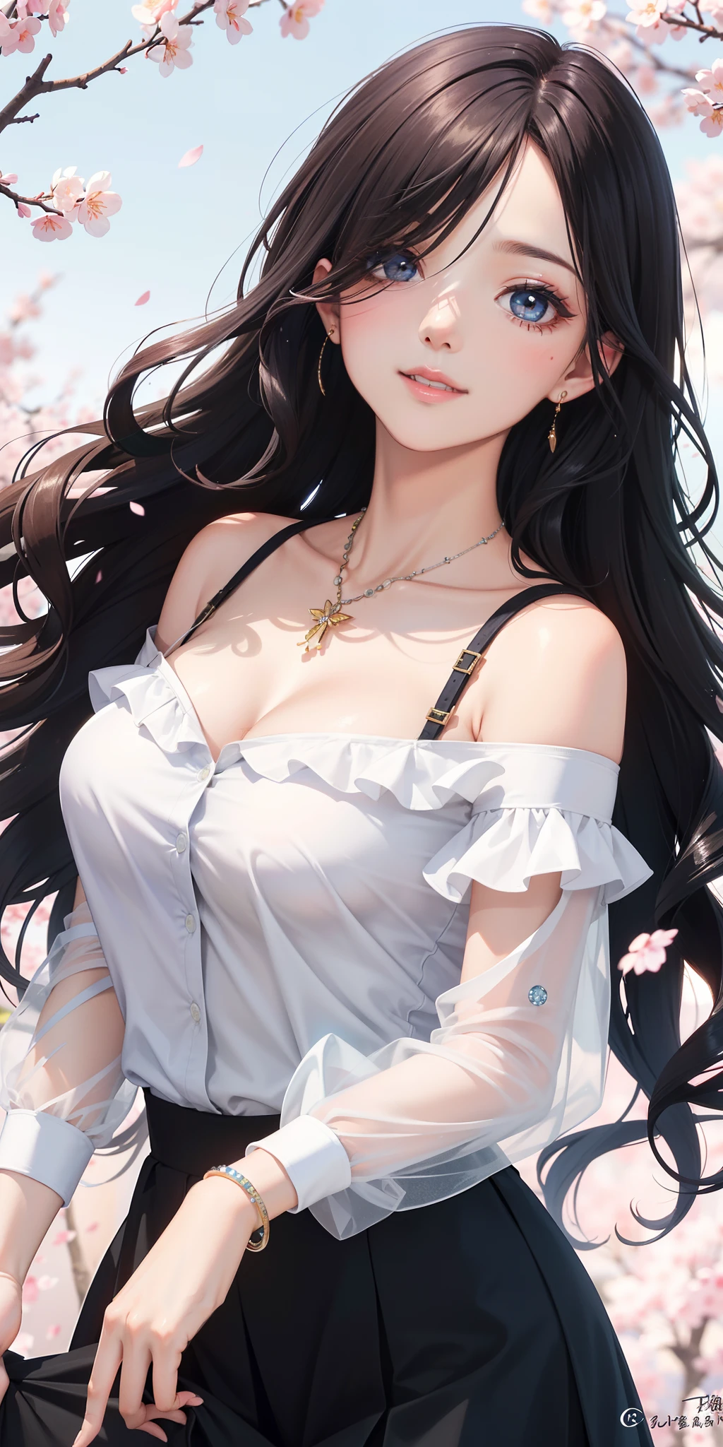 She is very beautiful and has perfect medium breasts, ((long black wavy hair, hair over one eye)) light blue eyes (detailed background), detailed landscape, 1girl, solo, looking at viewer, smile, skirt, shirt, neckline, bare shoulders, jewelry, collarbone, white shirt, outdoor, necklace, off shoulder, bracelet, (masterpiece), (best quality), (ultra detailed), (highly detailed), (detailed face) ) petals, cherry blossoms, she is in dynamic pose exuding passion