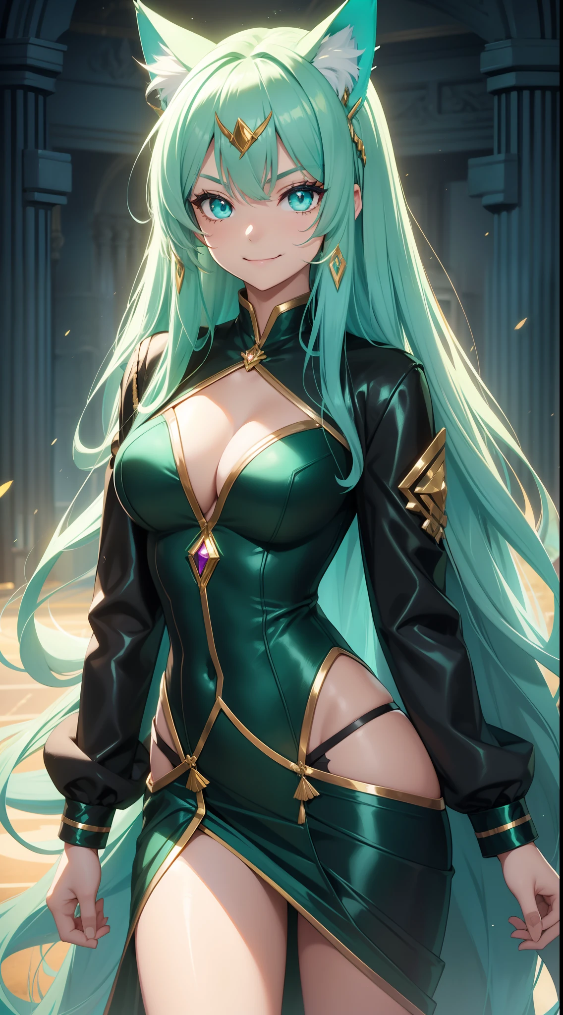 young girl, long turquoise hair, cat ears, turquoise eyes, Smile, black jacket, Green tight dress, diadem, Gold Elements, She-ra, Masterpiece, hiquality, 4k, HD, Good detail