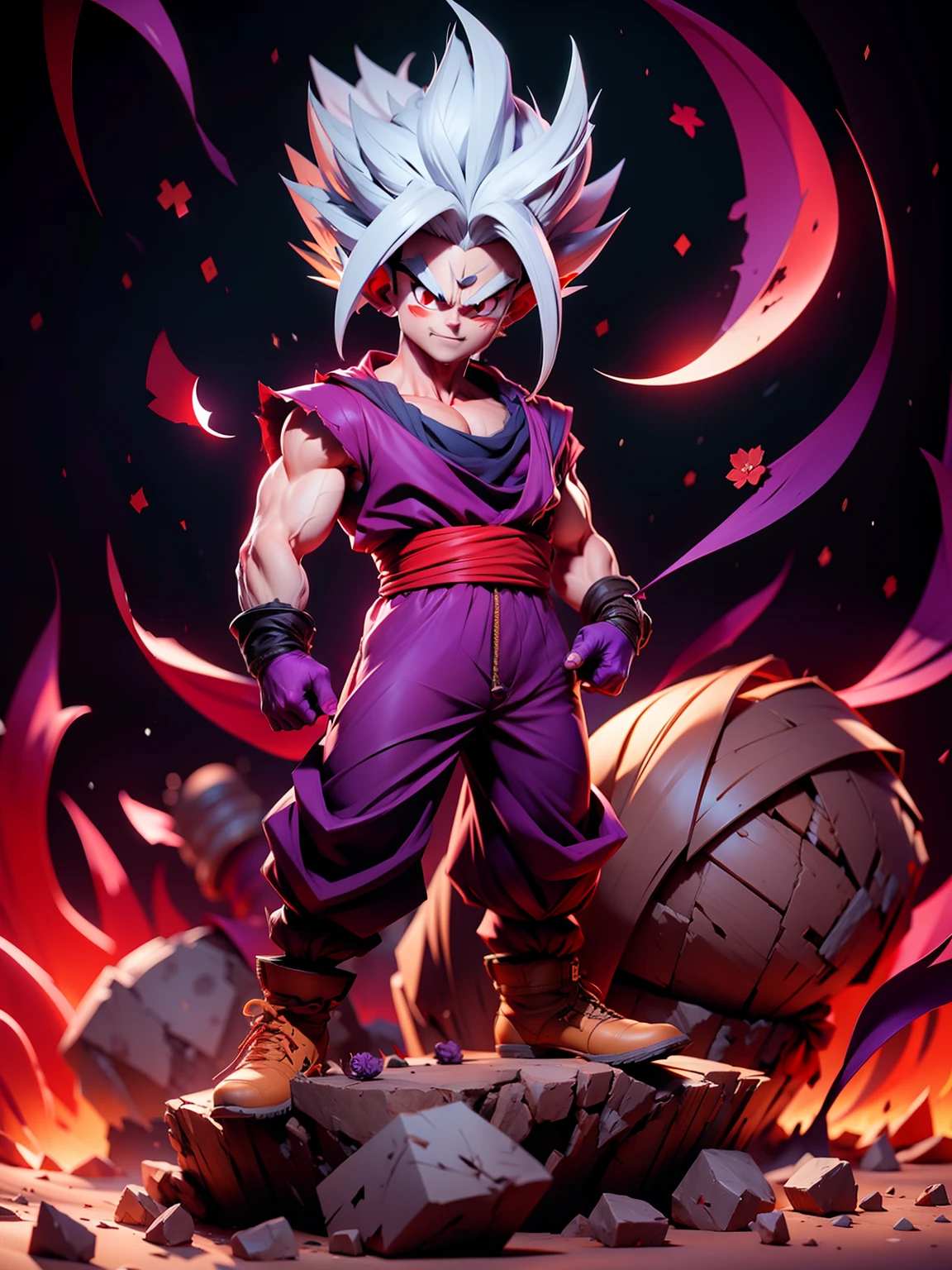 masterpiece, best quality, ultra-detailed, Adult Gohan 1boy, solo, Full body, evil smile, grey hair, spiked hair, red eyes, dougi, full body, looking at viewer, male focus, earth \(planet\), planet, space, cracked ground and rocks rising up, rubble rising,