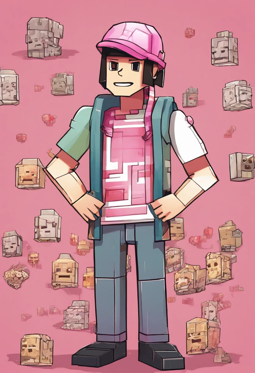 Por favor, crie uma imagem de um desenho de homem sozinho, com 18 anos "Homem" com pele morena. He is wearing a pink cap on his head and has a friendly smile on his face. Suas roupas podem ser casuais, como uma camiseta e jeans. The scene around you is cheerful and sunny, suggesting a pleasant climate. Por favor, Pay attention to facial details and expression to make the drawing as realistic and sympathetic as possible