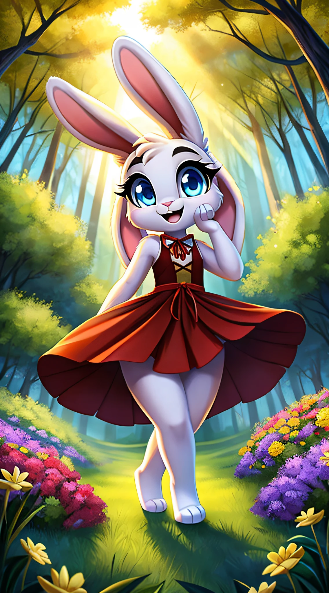 zoomed out image, fantasy style art, cute, adorable, beautiful age fluffy female white bunny with blue eyes, 4 ears, 2 extra ears, big floppy ears, long ears, ears perked up, raised ears, long eyelashes, poofy rabbit tail, wearing a red frilly ribbon dress, smiling, standing in a forest, big expressive smile, open mouth, wide eyes, excited eyes, excited face, stunning visuals, sunlight coming through the trees, flowers scattered in the bushes, digital illustration