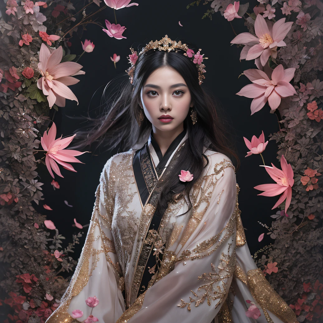 Gold tailgate 32K(tmasterpiece,k hd,hyper HD,32K)Long flowing black hair,ponds,zydink, a color, Tailfire (Concubine girl), (Purple silk scarf), Combat posture, looking at the ground, long whitr hair, Floating hair, Carp pattern headdress, Chinese long-sleeved clothing, (Abstract gouache splash:1.2), Pink petal background,Pink and white lotus flowers fly(realisticlying:1.4),Black color hair,Fallen leaves flutter,The background is pure, A high resolution, the detail, RAW photogr, Sharp Re, Nikon D850 Film Stock Photo by Jefferies Lee 4 Kodak Portra 400 Camera F1.6 shots, Rich colors, ultra-realistic vivid textures, Dramatic lighting, Unreal Engine Art Station Trend, cinestir 800,Long flowing black hair,Linen skirt