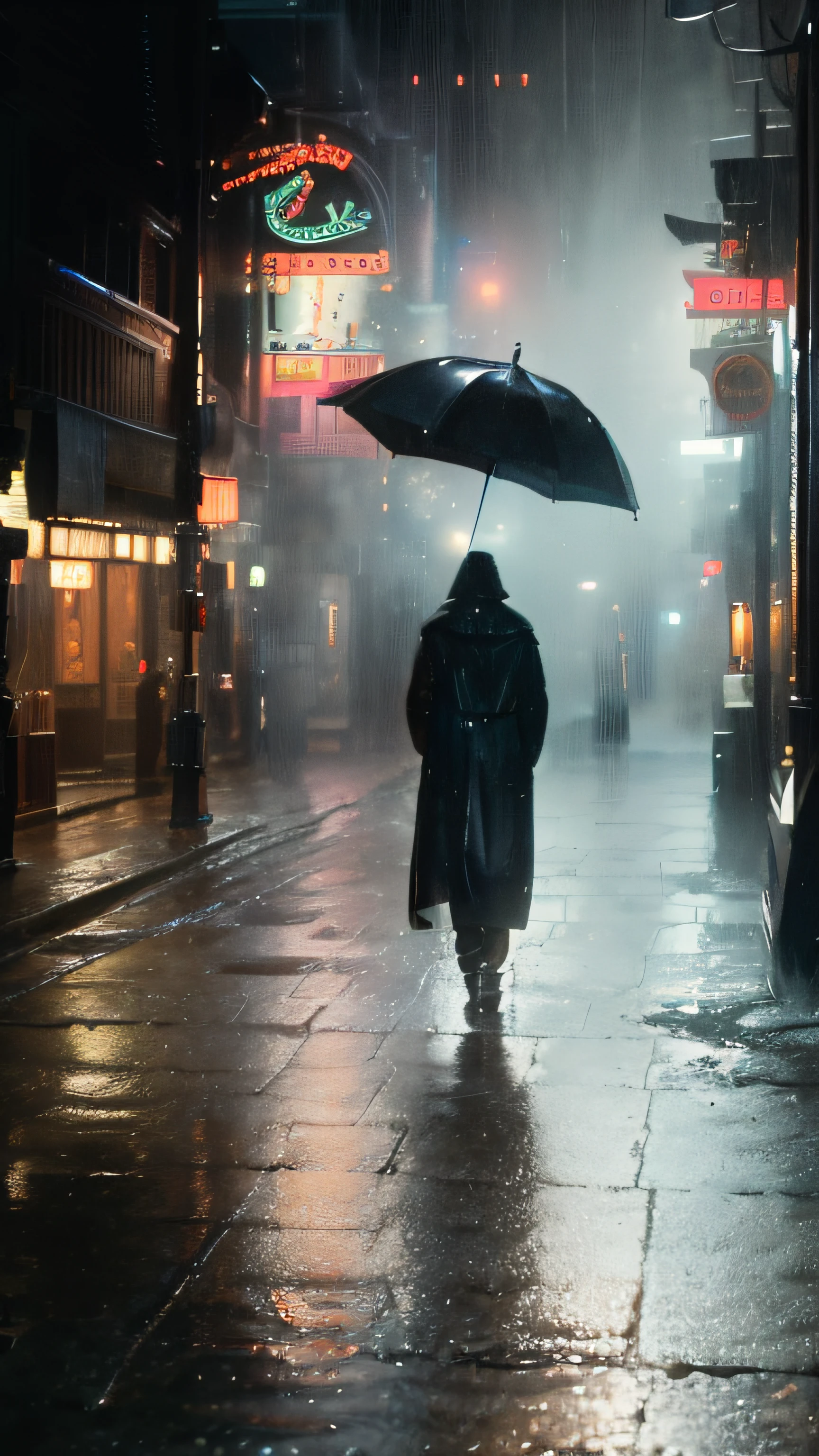 (best quality,4k,8k,highres,masterpiece:1.2), ultra-detailed, (realistic,photorealistic,photo-realistic:1.37), dark city alley, lonely man, fashionable, pouring rain, immersive atmosphere, wet pavement, simple lighting, reflection, urban landscape, nighttime, high-resolution camera, black box under a light.